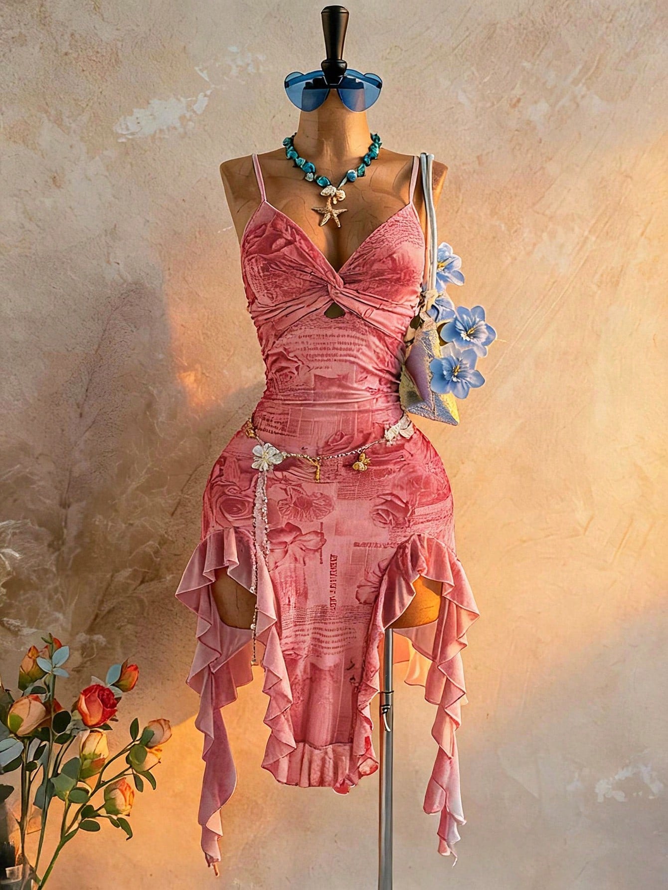 Soleia Women's Elegant Boho Sexy Waist-Cinched Spaghetti Strap Ruffle