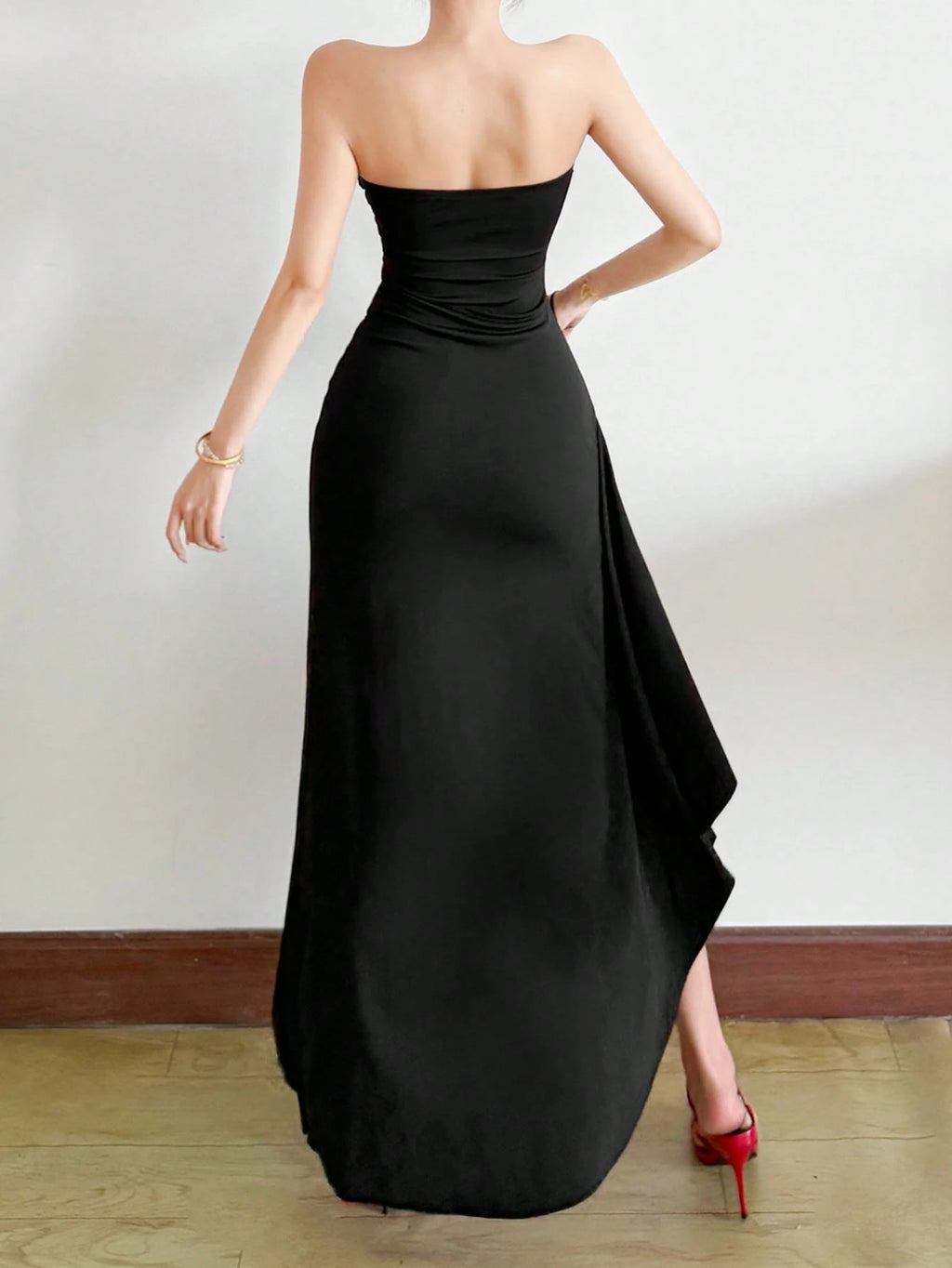 Top Dazzle Women's Black Strapless Long Dress, Asymmetrical Hem With