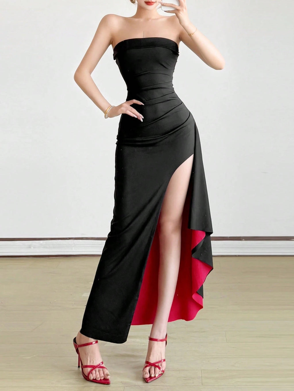 Top Dazzle Women's Black Strapless Long Dress, Asymmetrical Hem With