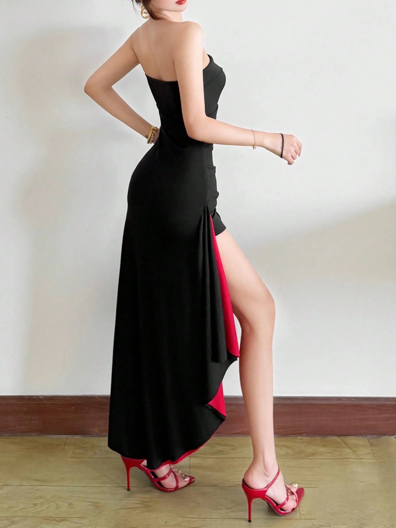 Top Dazzle Women's Black Strapless Long Dress, Asymmetrical Hem With