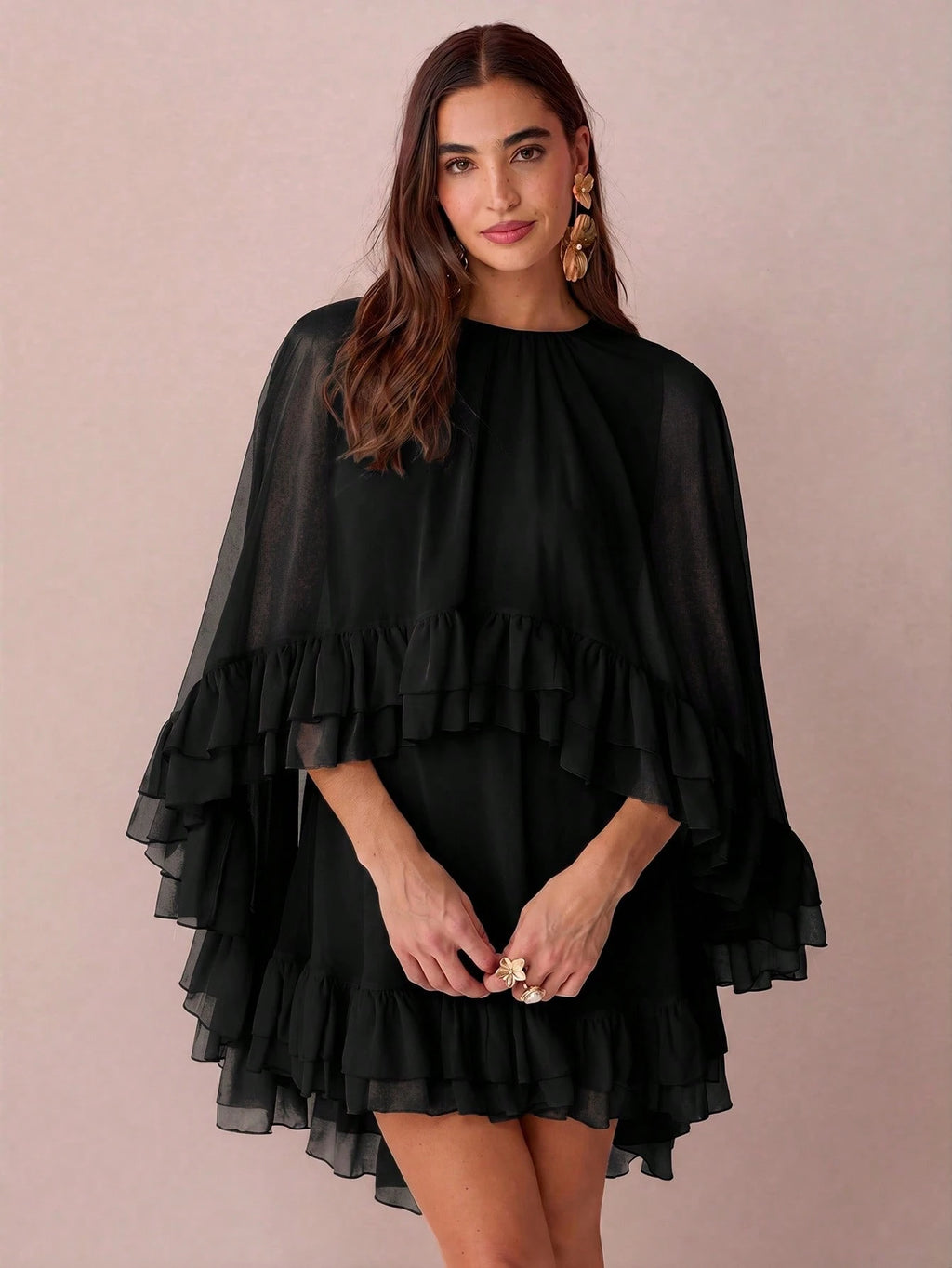Enchnt Women's Solid Color Minimalist Everyday Poncho Sleeve Dress