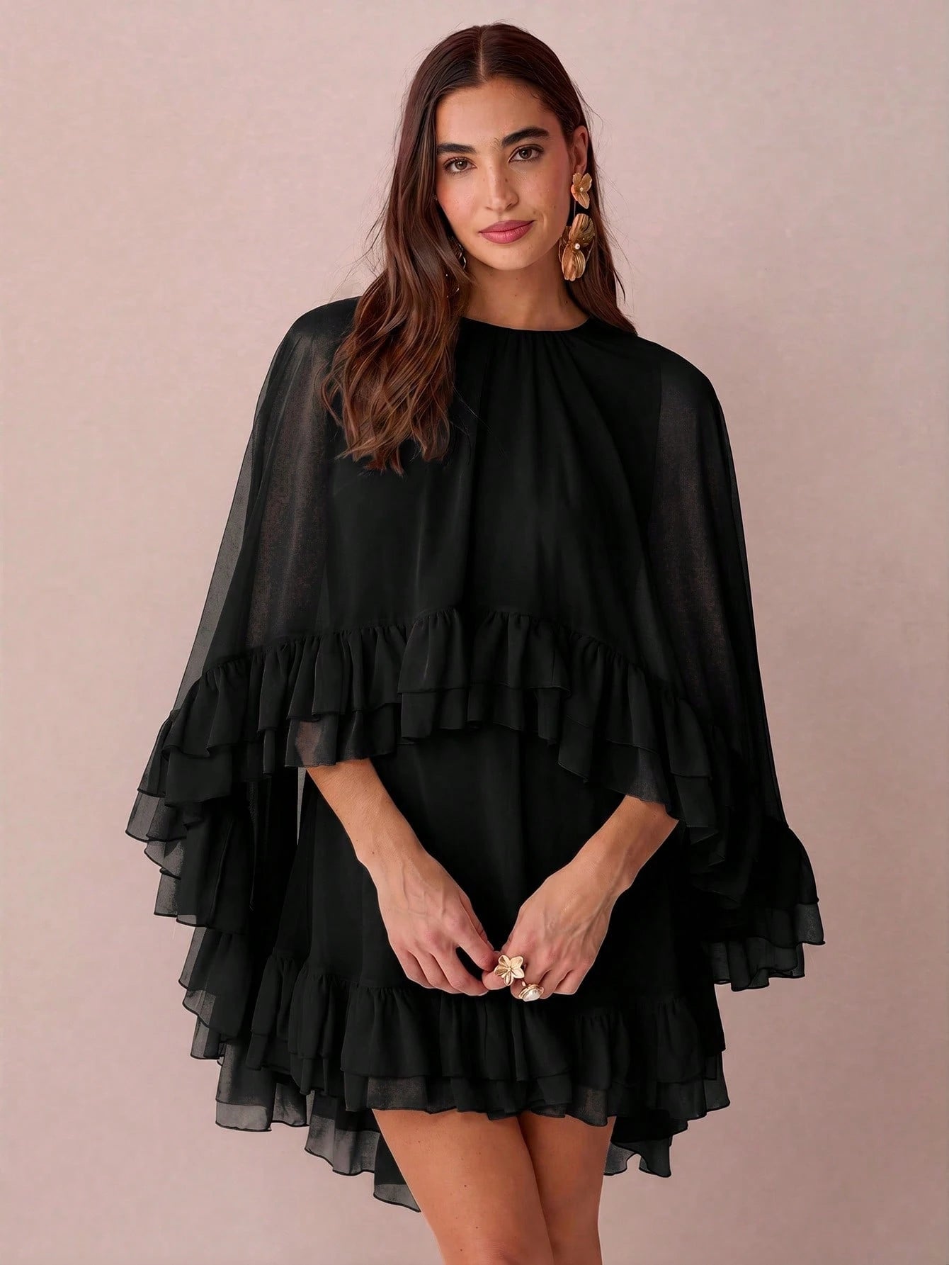 Enchnt Women's Solid Color Minimalist Everyday Poncho Sleeve Dress