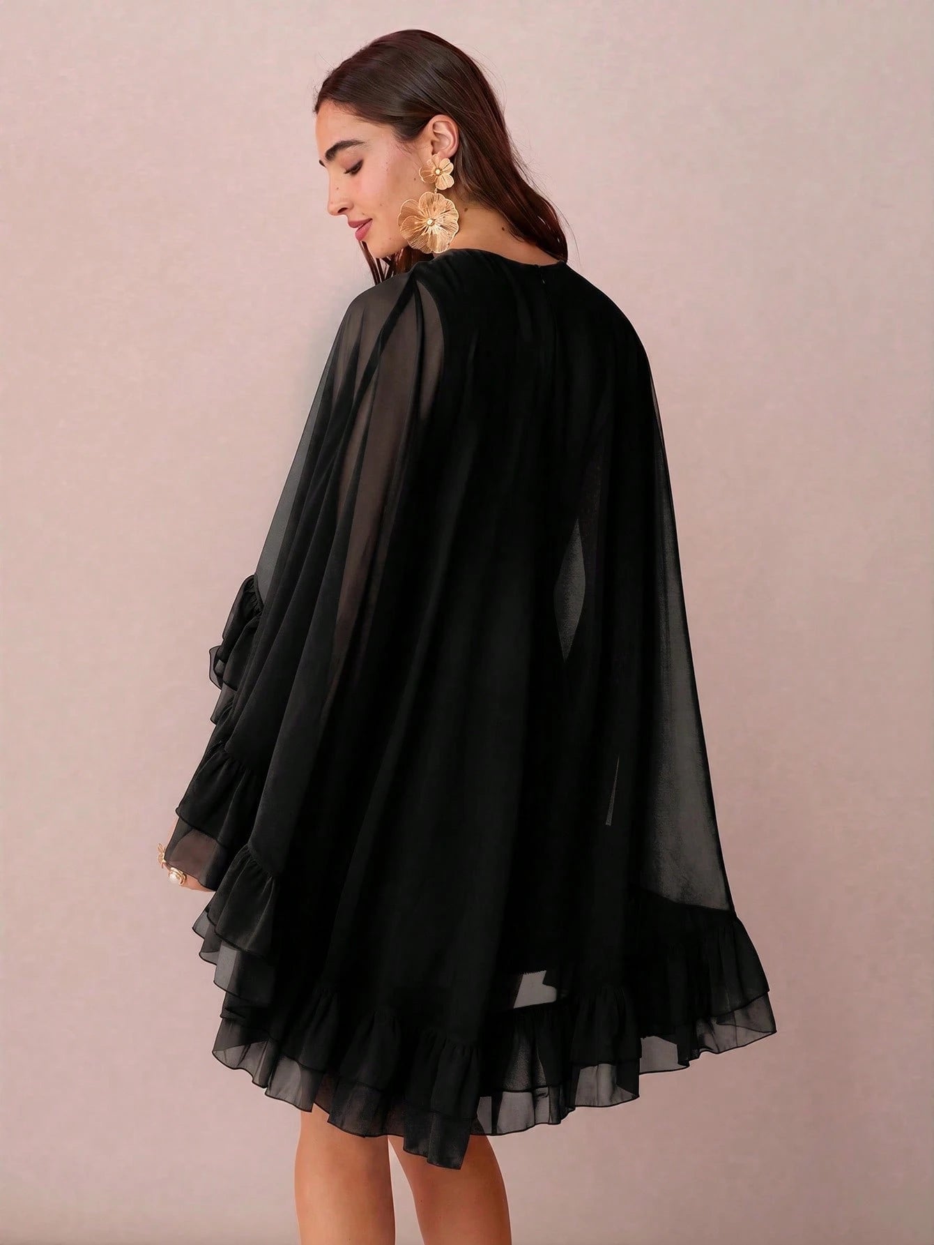 Enchnt Women's Solid Color Minimalist Everyday Poncho Sleeve Dress Layered Ruffle Dress Flowy Short Dress - image 2