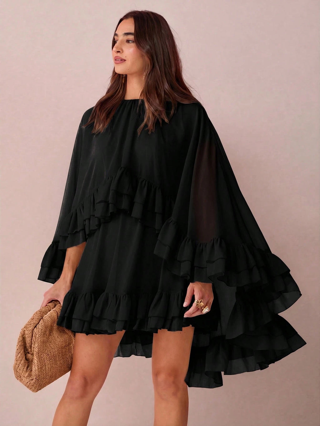 Enchnt Women's Solid Color Minimalist Everyday Poncho Sleeve Dress