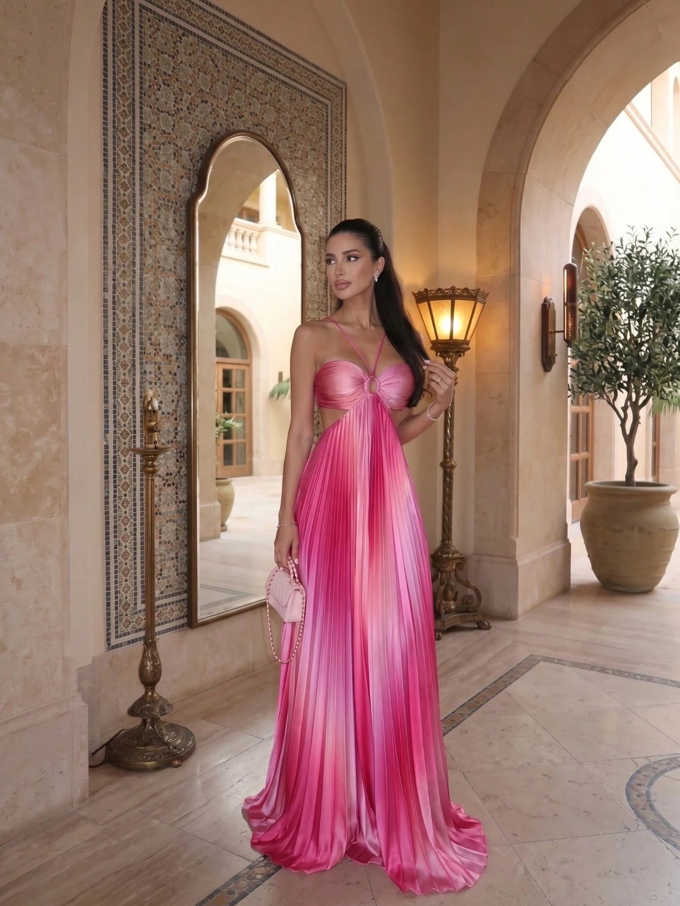 Women's Stunning Pink Ombre Pleated Long Cami Maxi Dress Sleeveless