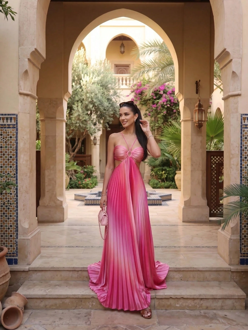 Women's Stunning Pink Ombre Pleated Long Cami Maxi Dress Sleeveless