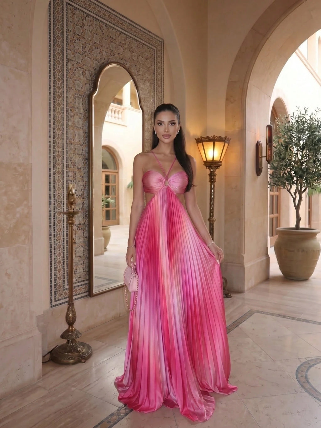 Women's Stunning Pink Ombre Pleated Long Cami Maxi Dress Sleeveless