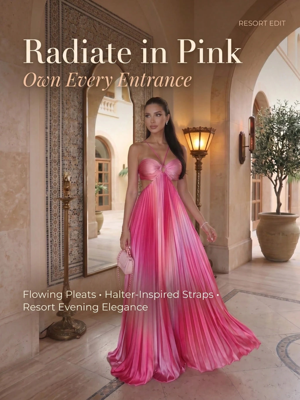 Women's Stunning Pink Ombre Pleated Long Cami Maxi Dress Sleeveless