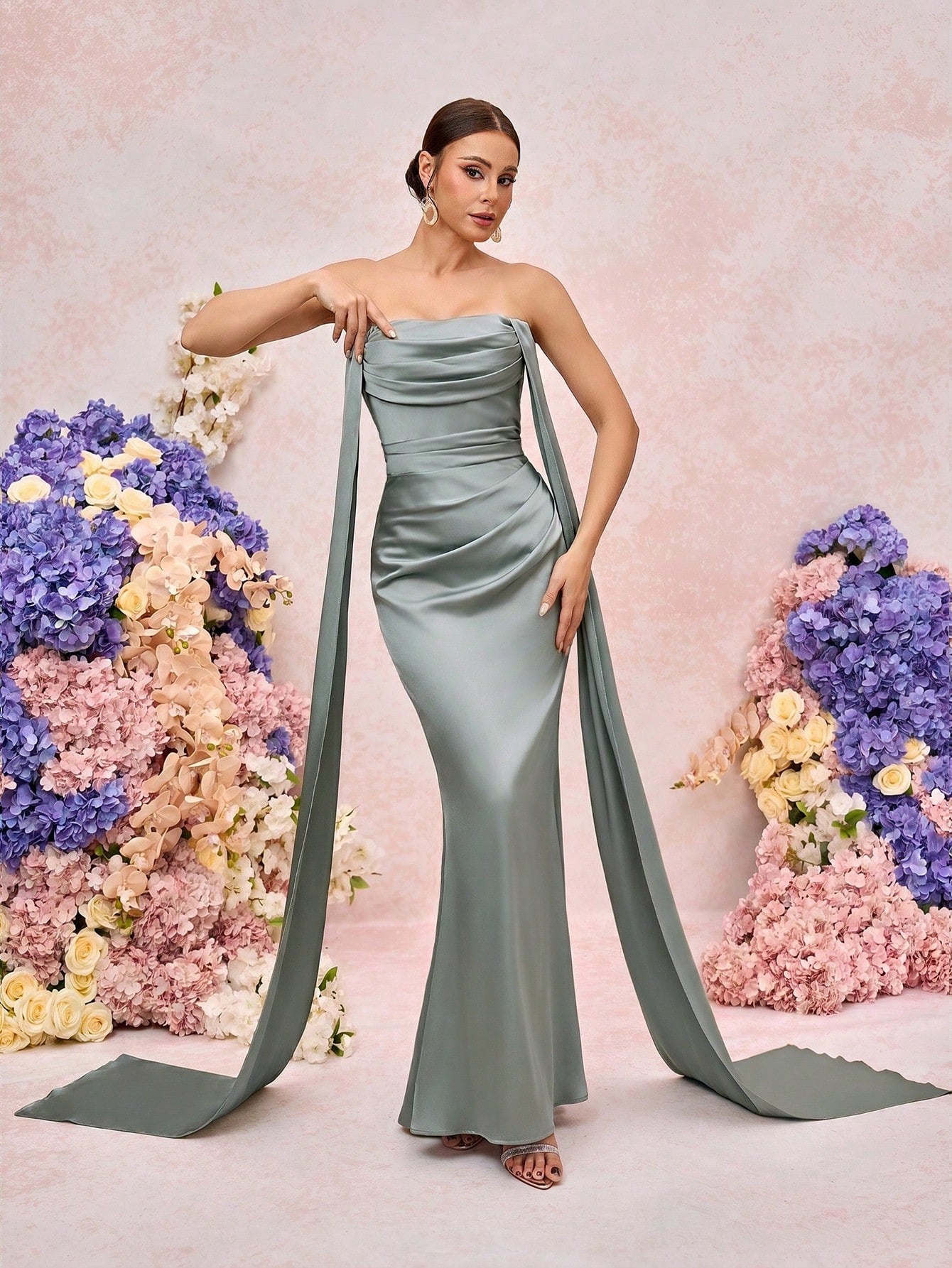Belle Elegant Romantic Green Woven Matte Flutter Decor Open Shoulder