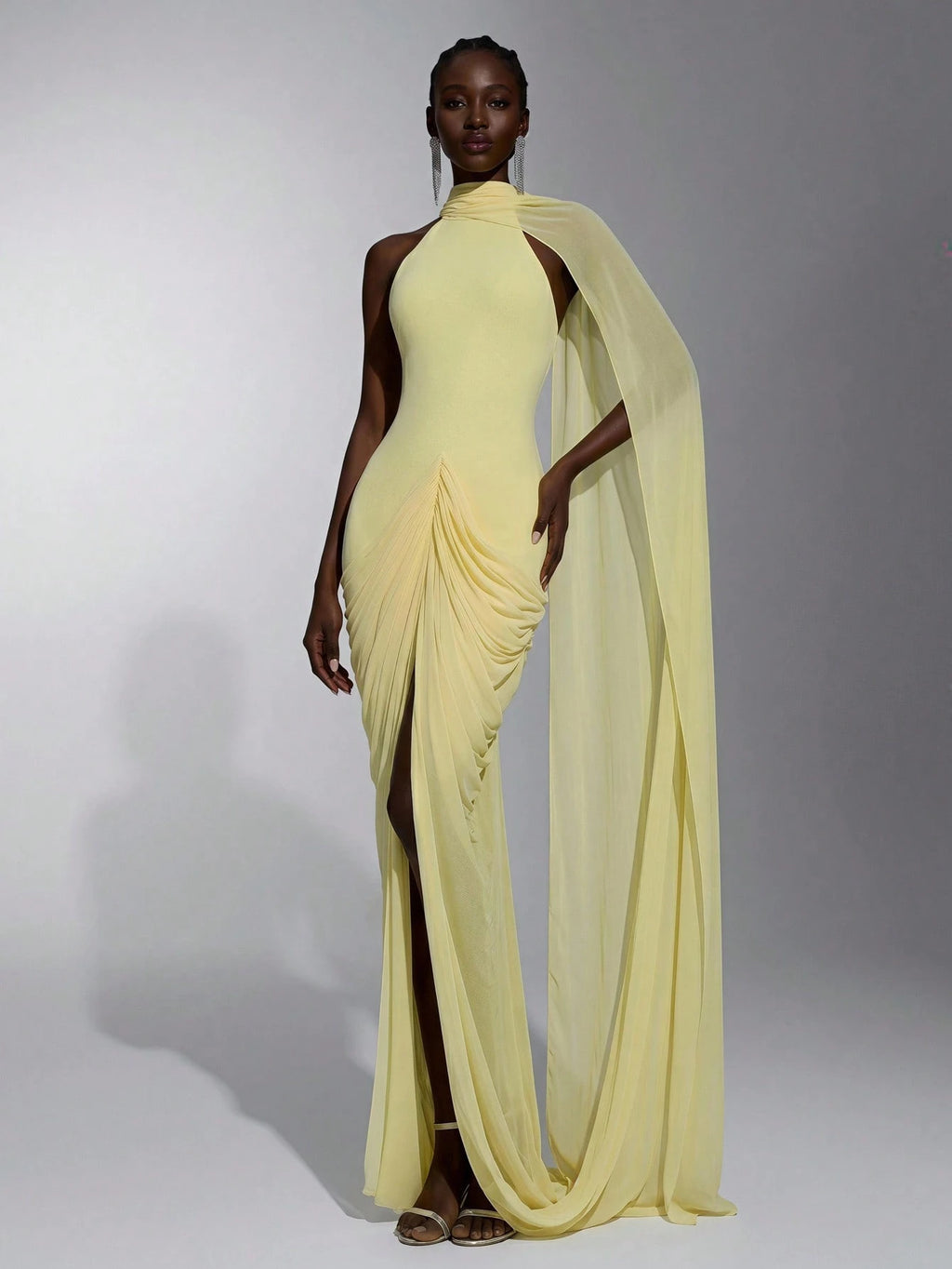 Elitara Elegant Romantic Off-Shoulder Halter Back V-Neck Ruched Asymmetrical Sheer Slit Floor-Length Evening - image 4