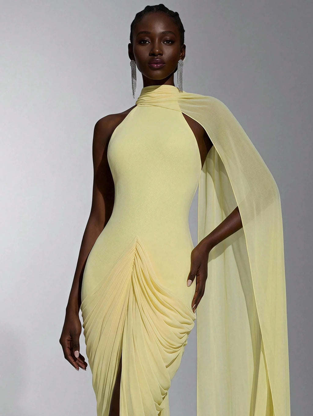 Elitara Elegant Romantic Off-Shoulder Halter Back V-Neck Ruched Asymmetrical Sheer Slit Floor-Length Evening - image 2