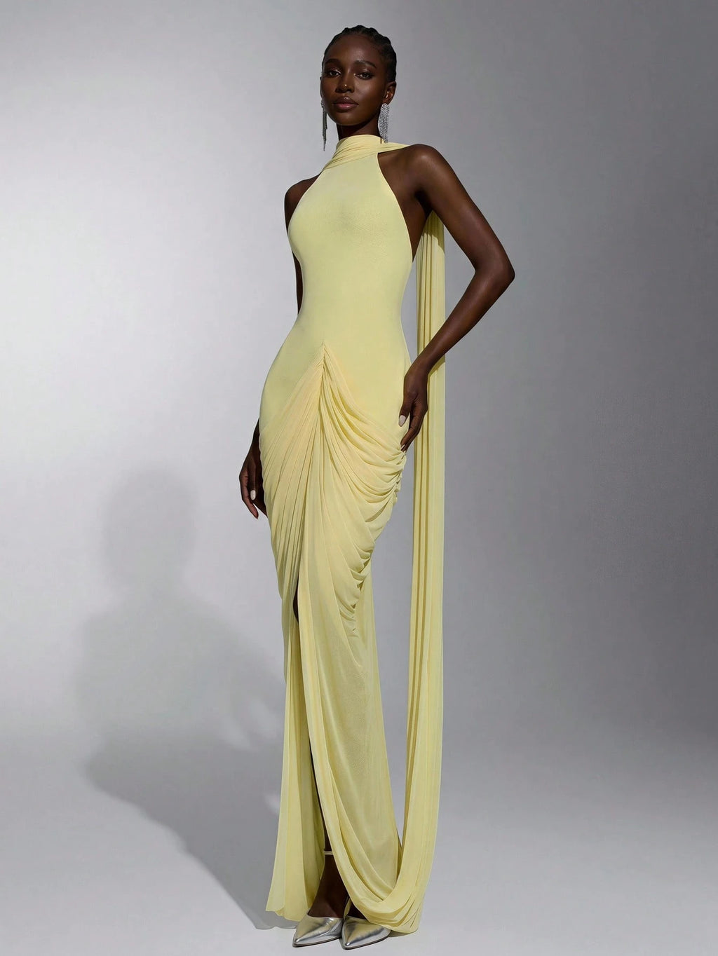 Elitara Elegant Romantic Off-Shoulder Halter Back V-Neck Ruched Asymmetrical Sheer Slit Floor-Length Evening - image 10