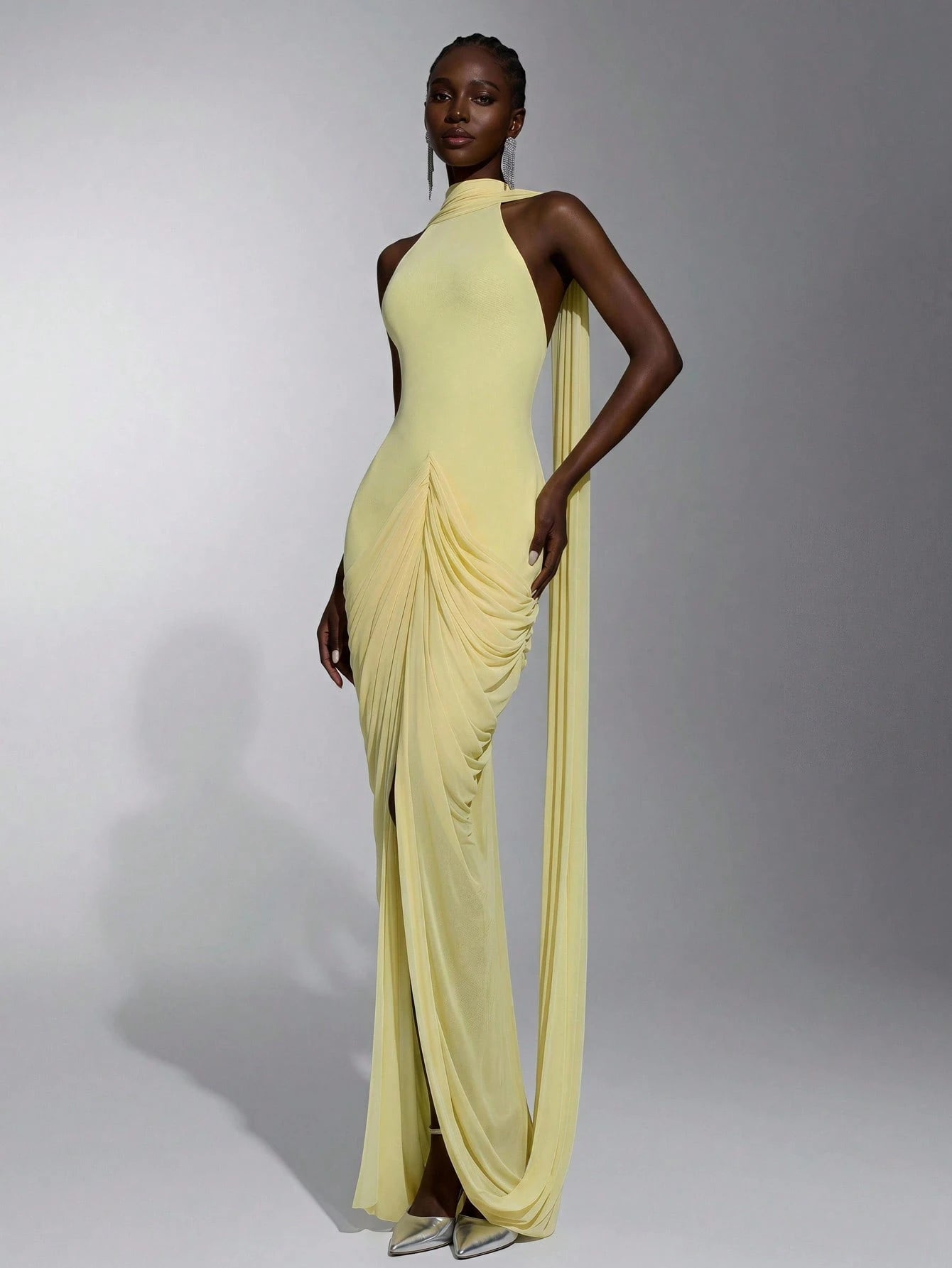 Elitara Elegant Romantic Off-Shoulder Halter Back V-Neck Ruched Asymmetrical Sheer Slit Floor-Length Evening - image 10