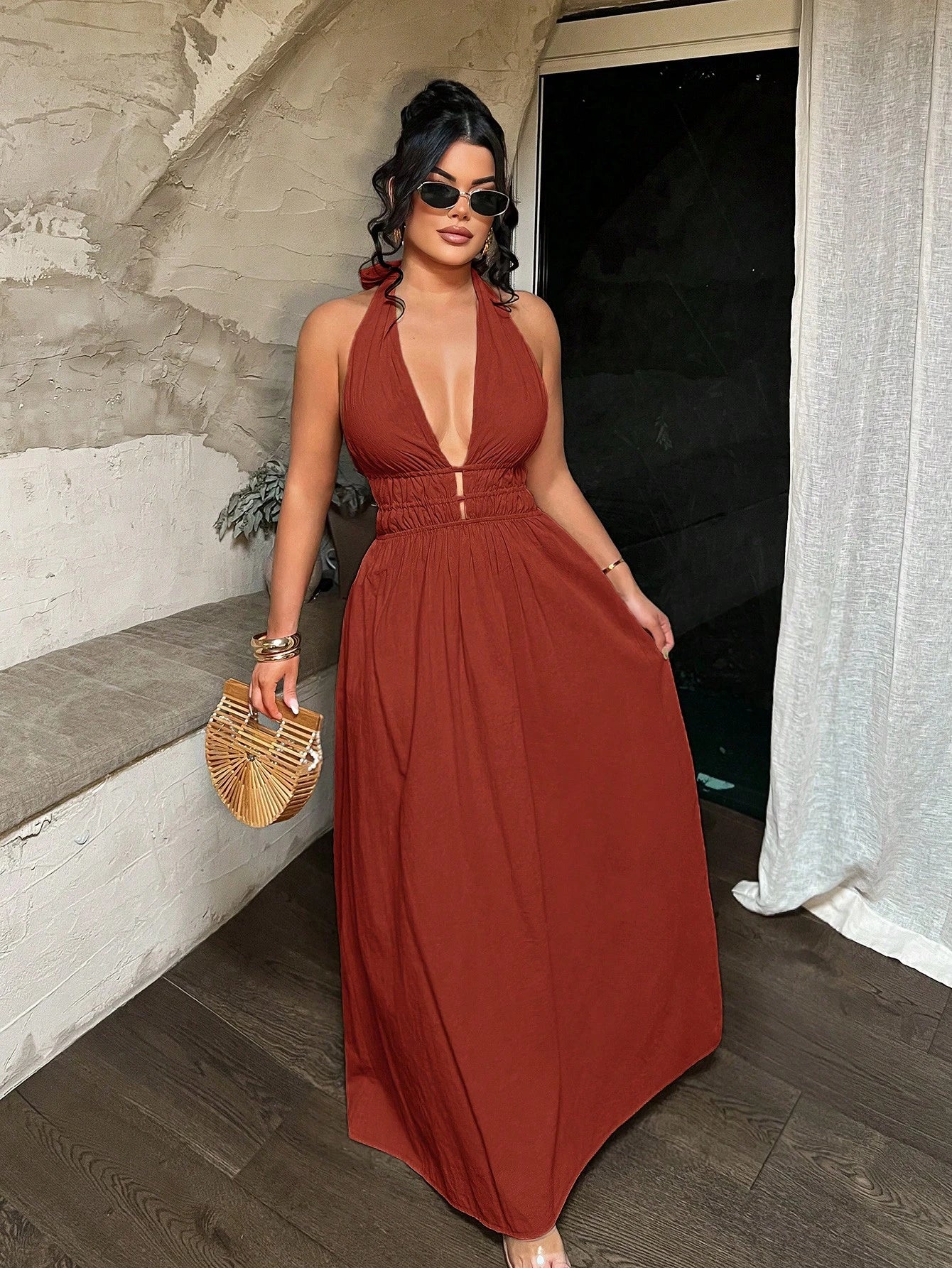 SXY Women's Solid Color Tropical Deep V Neck Ruched Design Sexy Dress,Summer Dresses For Women Beach Vacation - image 20