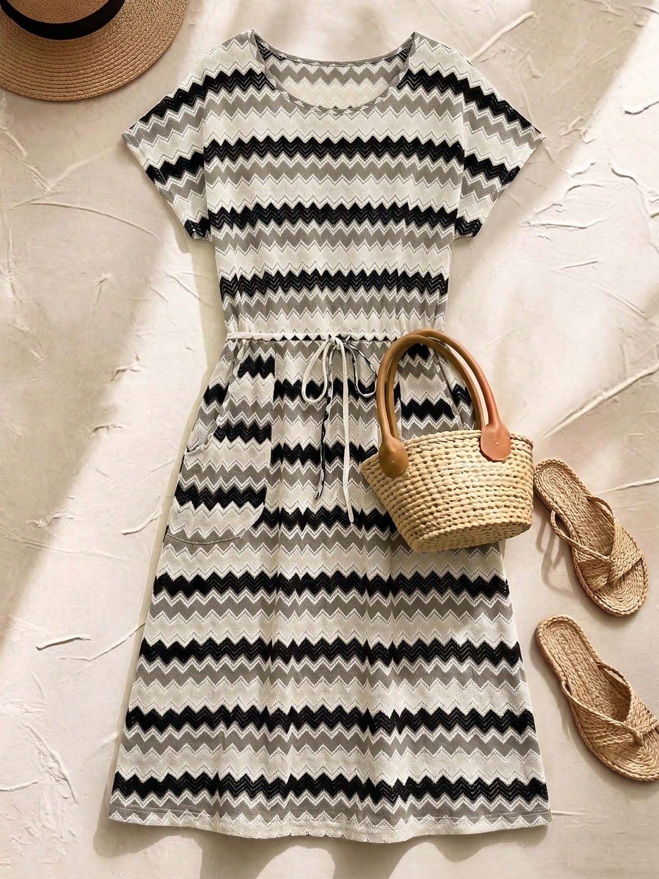 Rusticease Women's Casual Striped Drawstring Waist Mid-Length Dress,