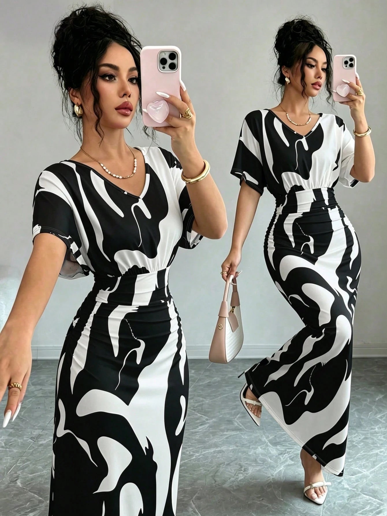 Elenzga Women's Fashion Printed V-Neck Short Sleeve Ruched Waist