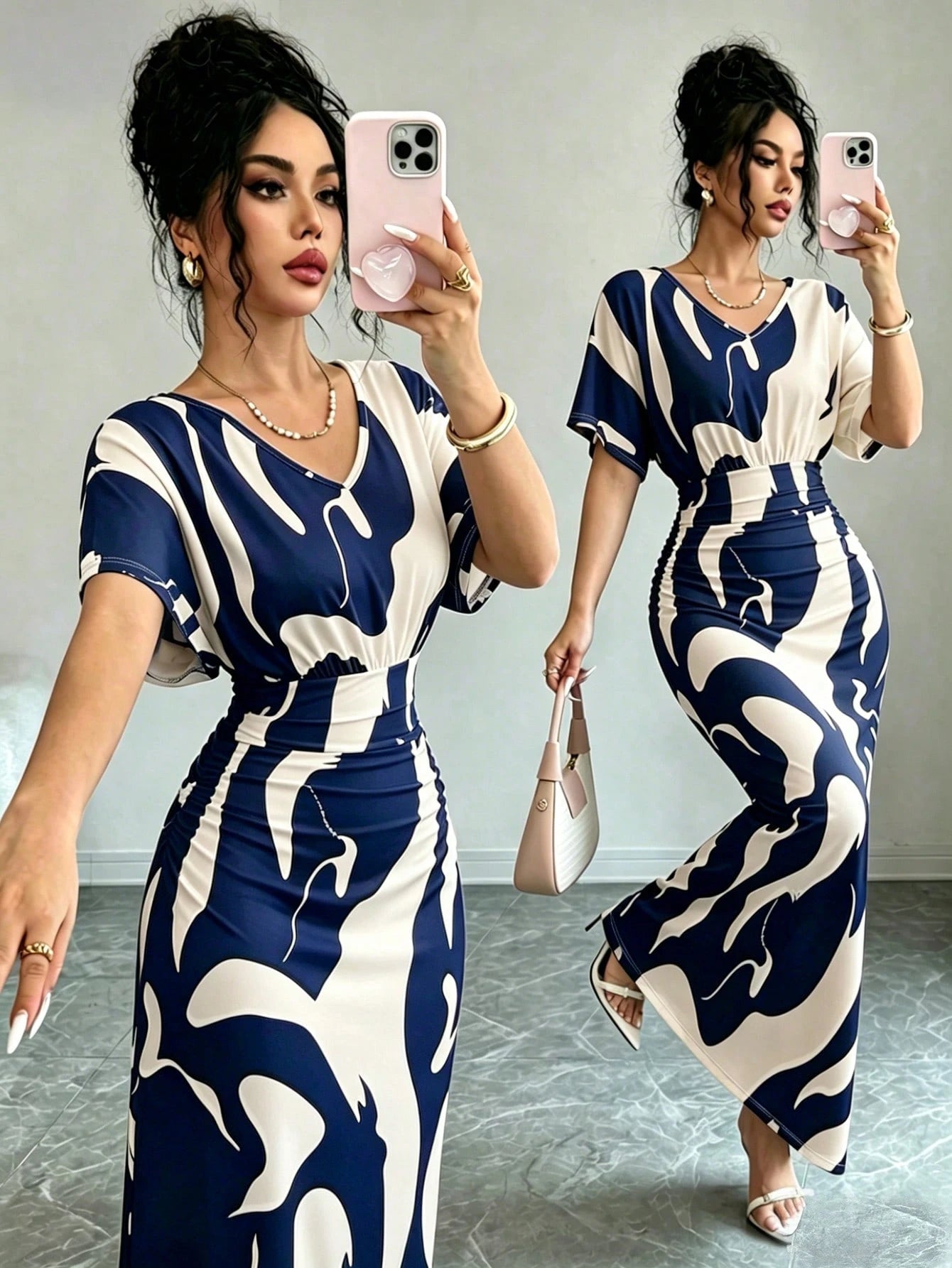 Elenzga Women's Fashion Printed V-Neck Short Sleeve Ruched Waist