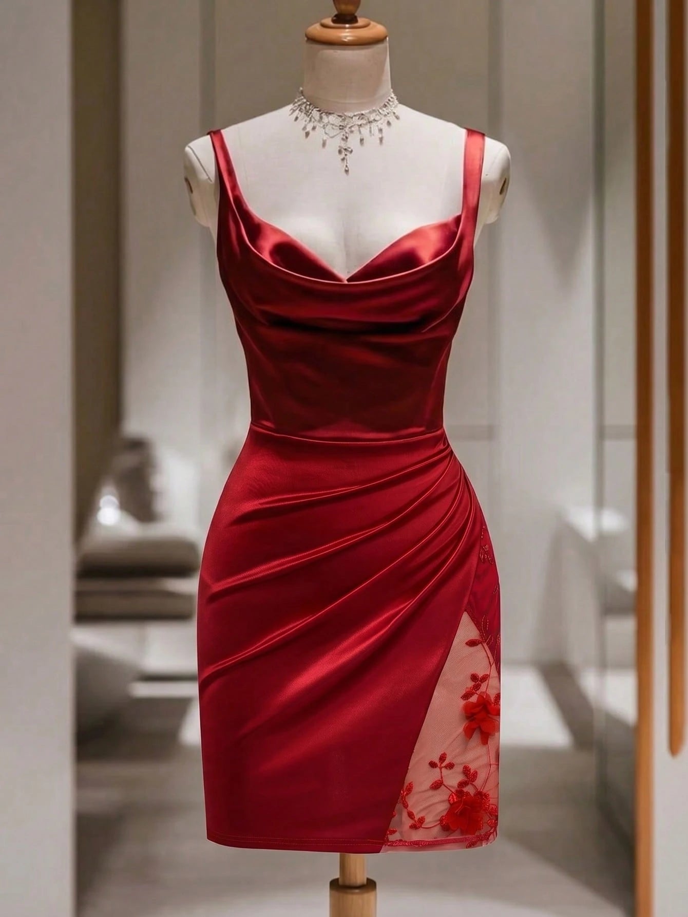 GlowEve Women's Red Satin Glossy Fabric Solid Color Cowl Neck Dress,