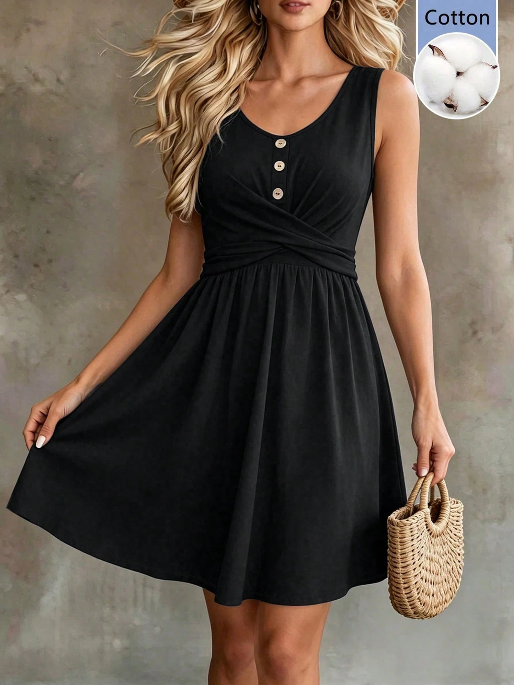 Balvessa V-Neck Buttoned Solid-Color Criss-Cross Strap Sleeveless