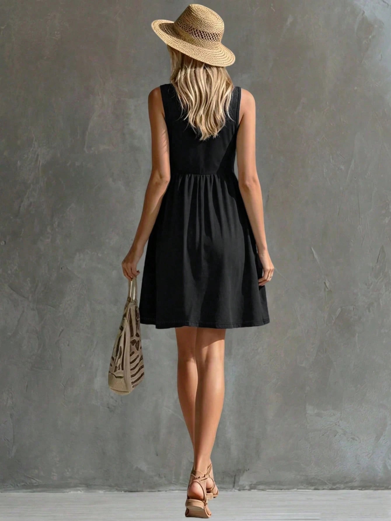 Balvessa V-Neck Buttoned Solid-Color Criss-Cross Strap Sleeveless