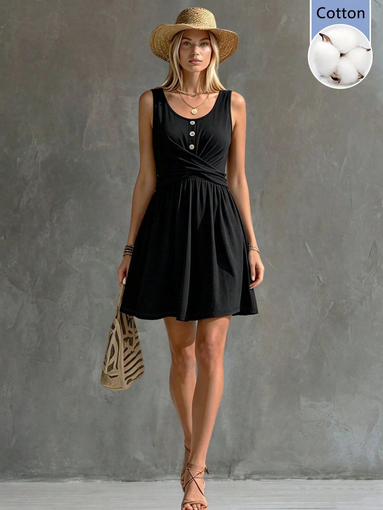 Balvessa V-Neck Buttoned Solid-Color Criss-Cross Strap Sleeveless