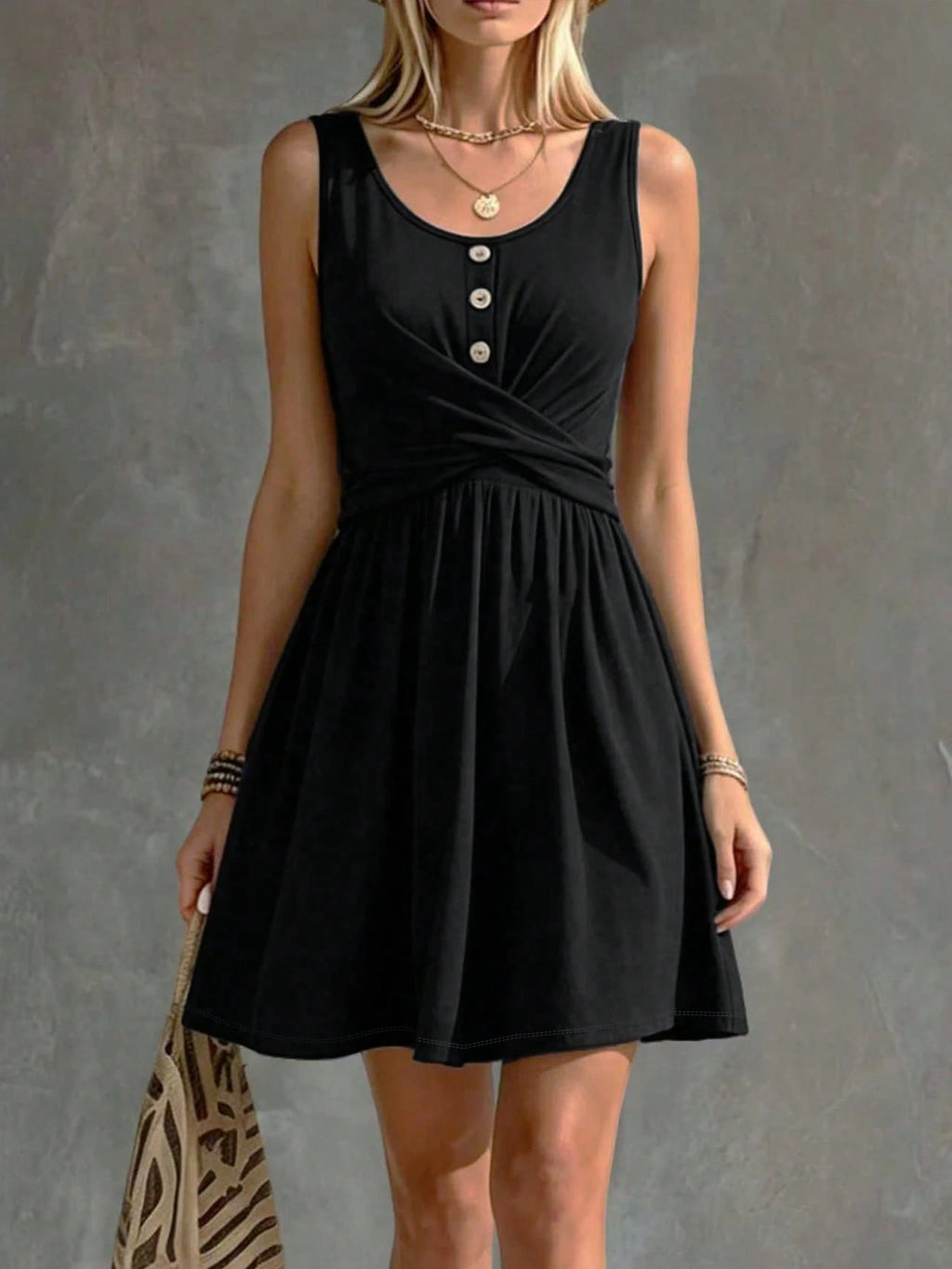 Balvessa V-Neck Buttoned Solid-Color Criss-Cross Strap Sleeveless