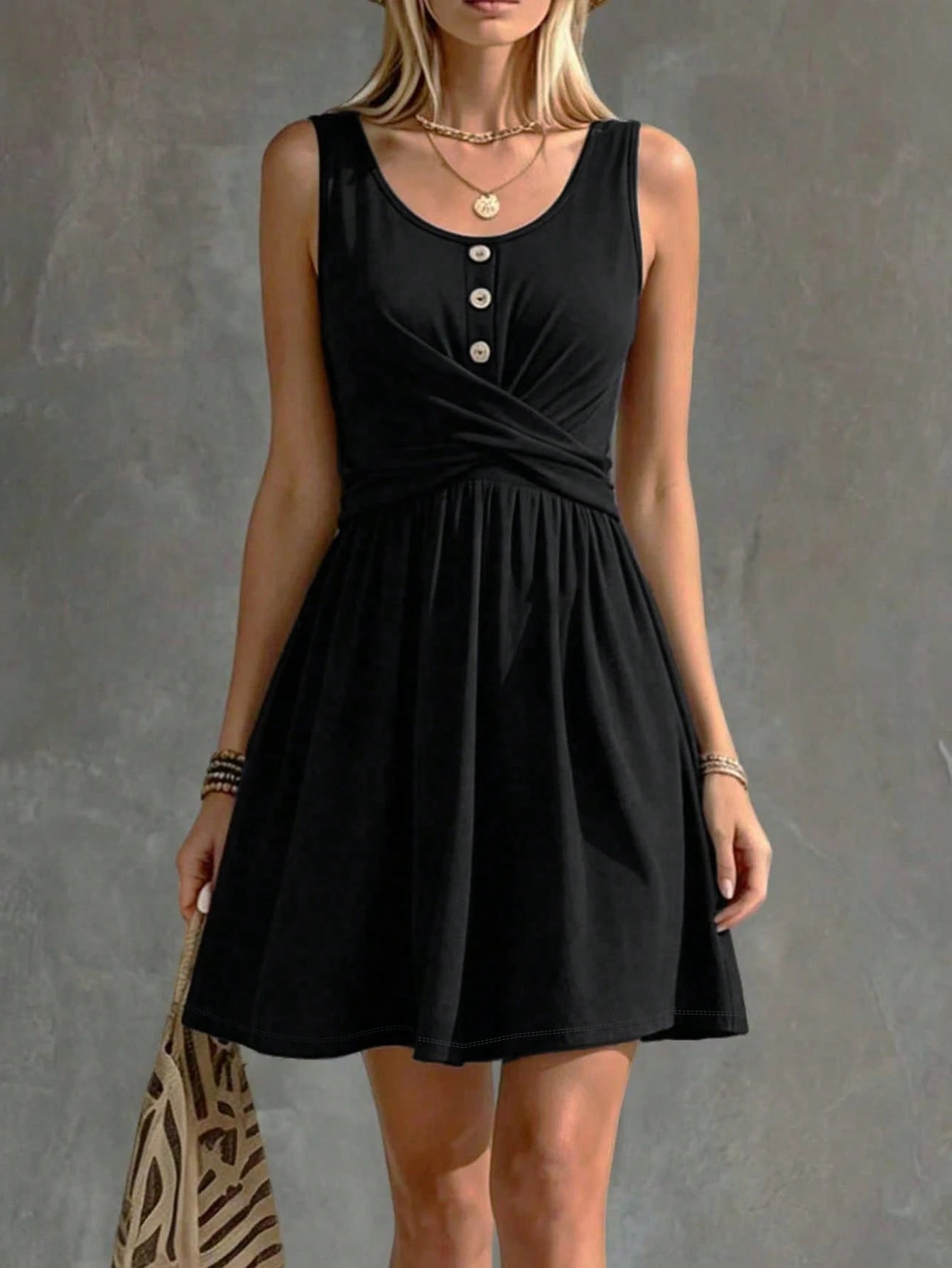 Balvessa V-Neck Buttoned Solid-Color Criss-Cross Strap Sleeveless
