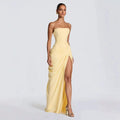 Strapless Backless Ruched Draped High Slit Solid Maxi Dress Elegant Formal Evening Party Prom Gown For Women