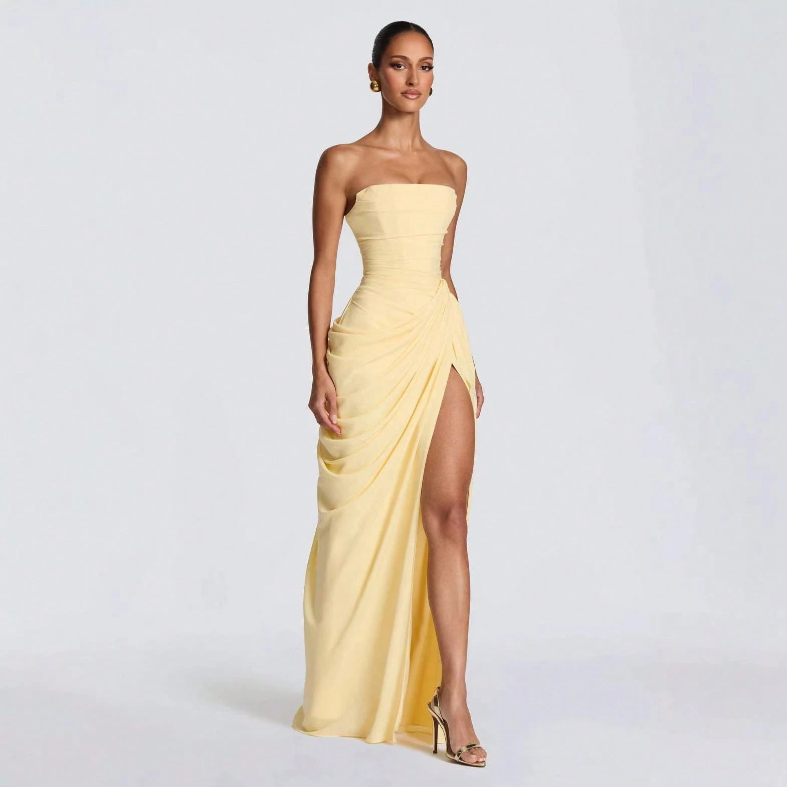 Strapless Backless Ruched Draped High Slit Solid Maxi Dress Elegant Formal Evening Party Prom Gown For Women
