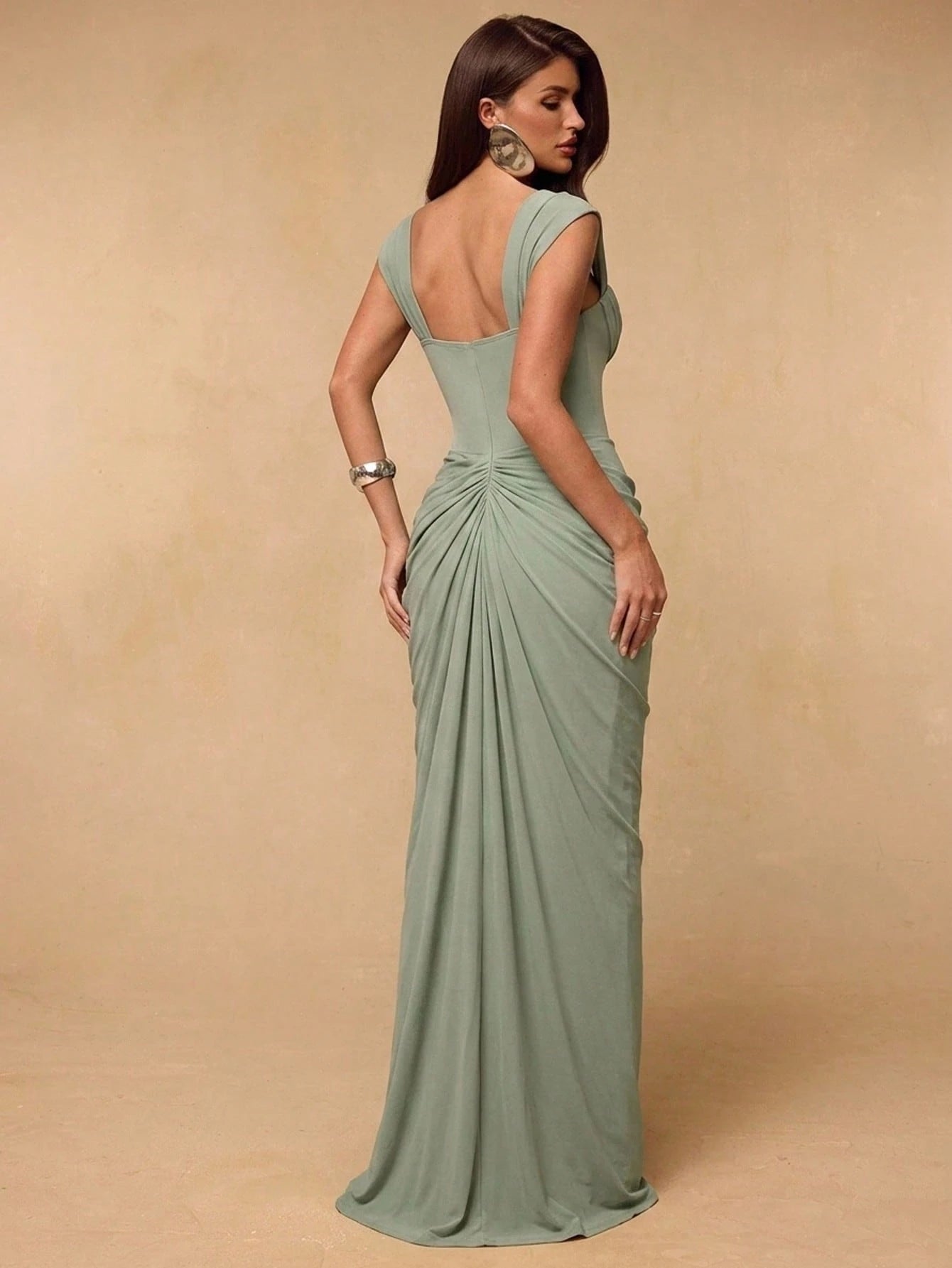 BAE Spring/Summer Women's Solid Green Ruched Mermaid Hem Elegant Dress, Green Dress, Wedding Guest Dress, - image 2