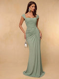 BAE Spring/Summer Women's Solid Green Ruched Mermaid Hem Elegant Dress, Green Dress, Wedding Guest Dress,