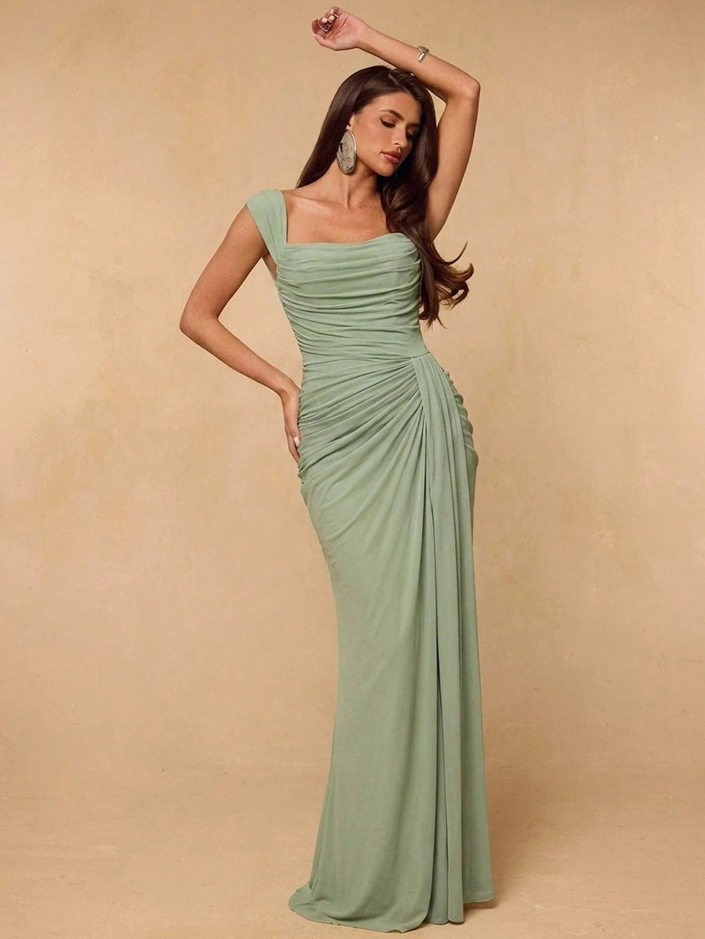 BAE Spring/Summer Women's Solid Green Ruched Mermaid Hem Elegant Dress, Green Dress, Wedding Guest Dress, - image 5