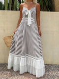 Livesso Women's Vacation Casual Striped Patchwork Ruffle Hem Dress Summer Sundress