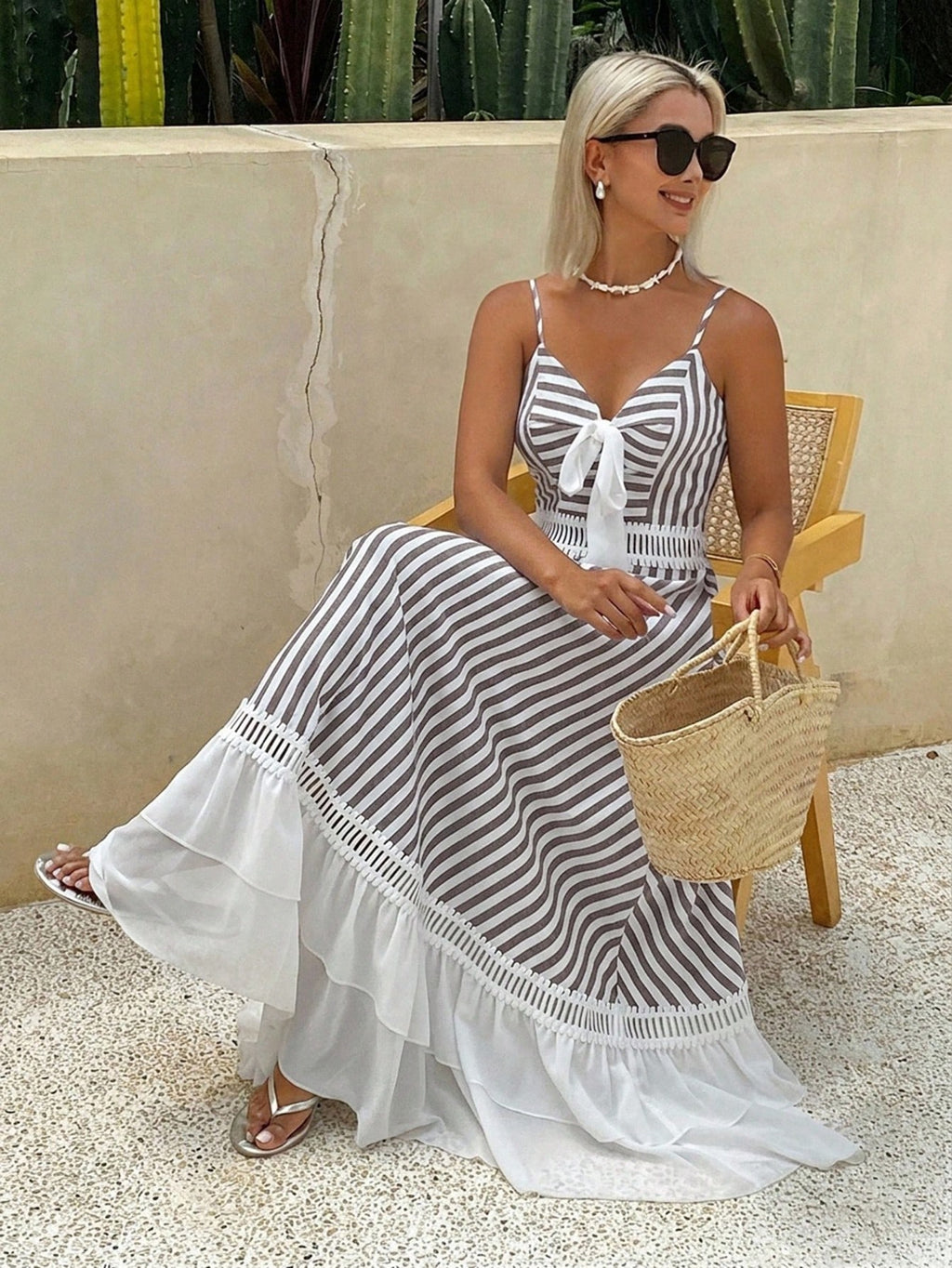 Livesso Women's Vacation Casual Striped Patchwork Ruffle Hem Dress Summer Sundress - image 4