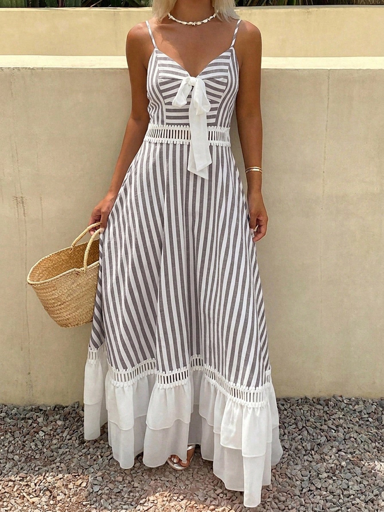 Livesso Women's Vacation Casual Striped Patchwork Ruffle Hem Dress Summer Sundress - image 5