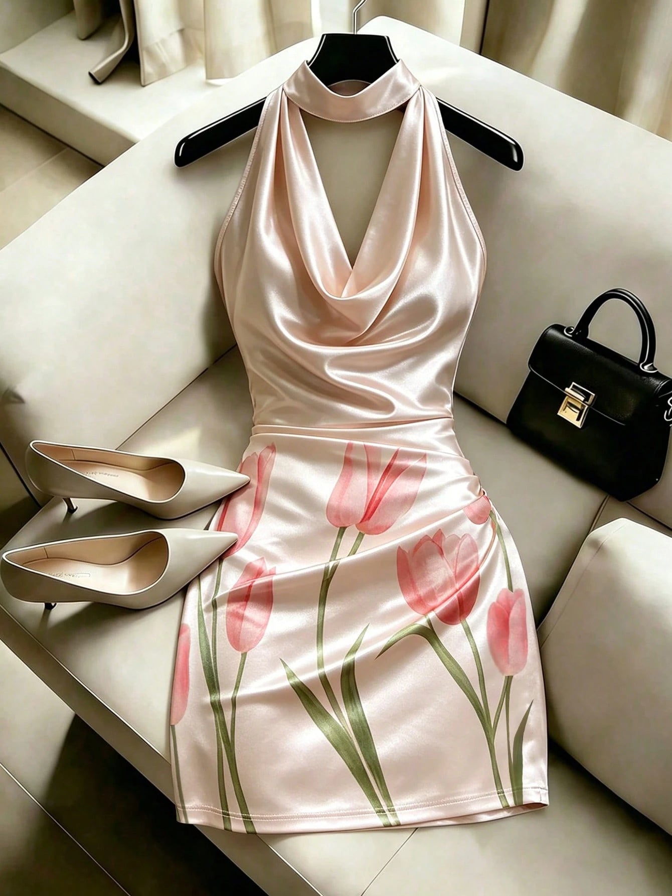 Franclia Fashionable New Elegant Draped Neck Brown Dress, Featuring