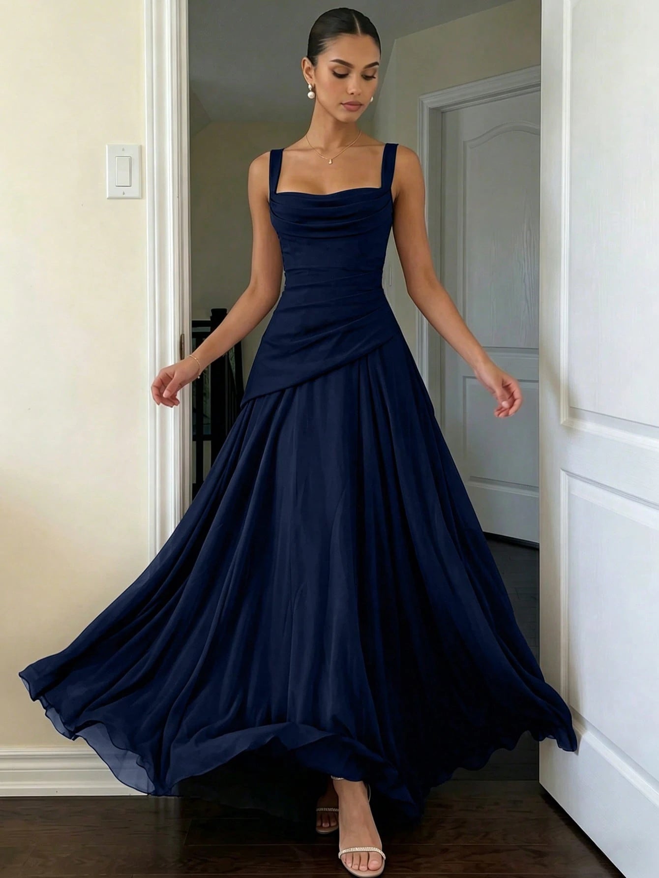 Romantic Women's Light Blue Square Neck Bridesmaid Dress With