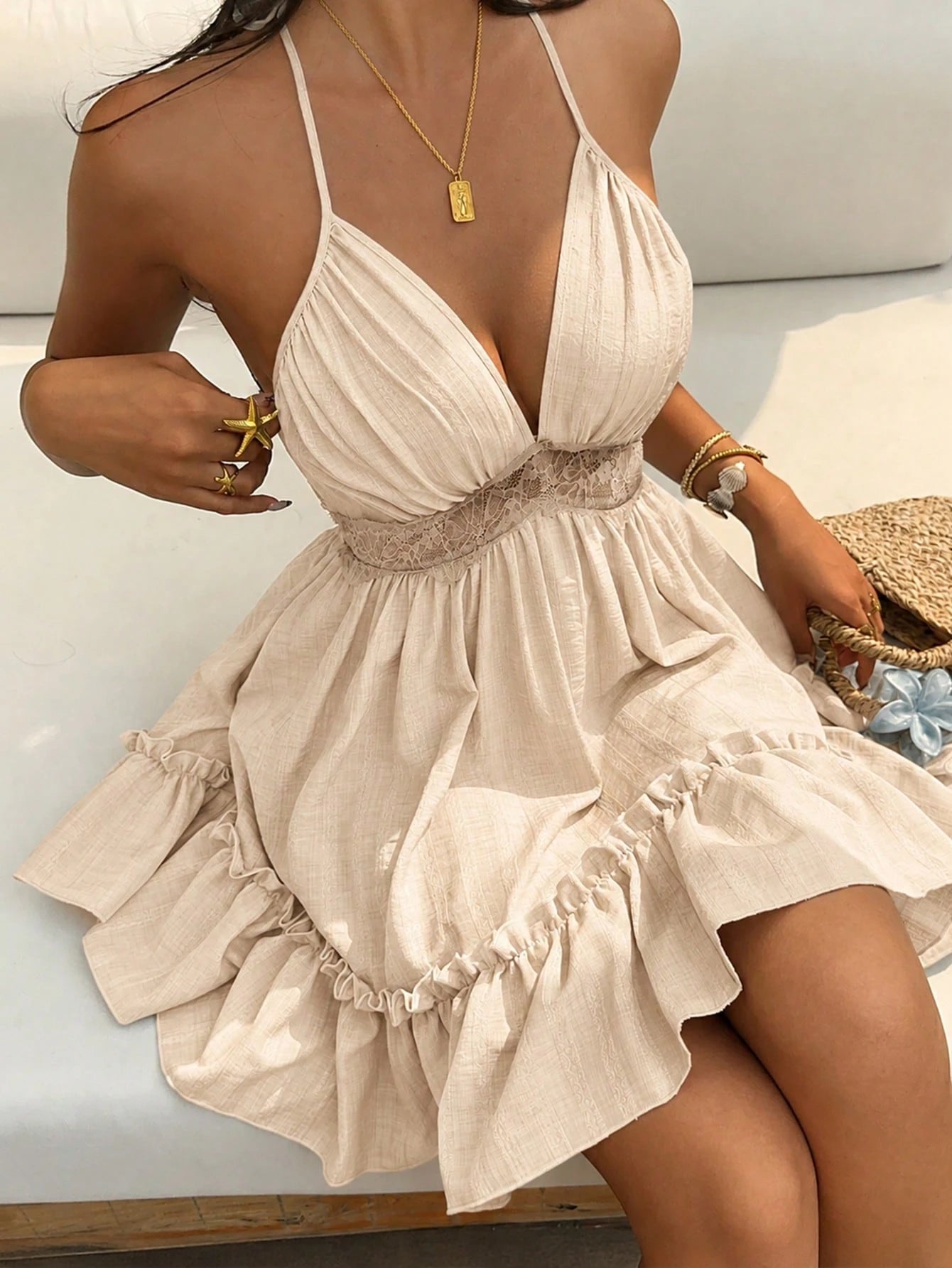 Sunnyshic Lace Trim Lace-Up Women's Dress Beach Vacation Sage Green