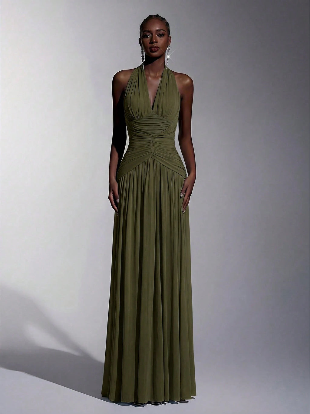Elitara Elegant, , Fashionable Elastic Mesh Halter Neck Ruched Decor A-Line Dress, Party Wedding Guest Orange