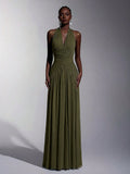 Elitara Elegant, , Fashionable Elastic Mesh Halter Neck Ruched Decor A-Line Dress, Party Wedding Guest Orange