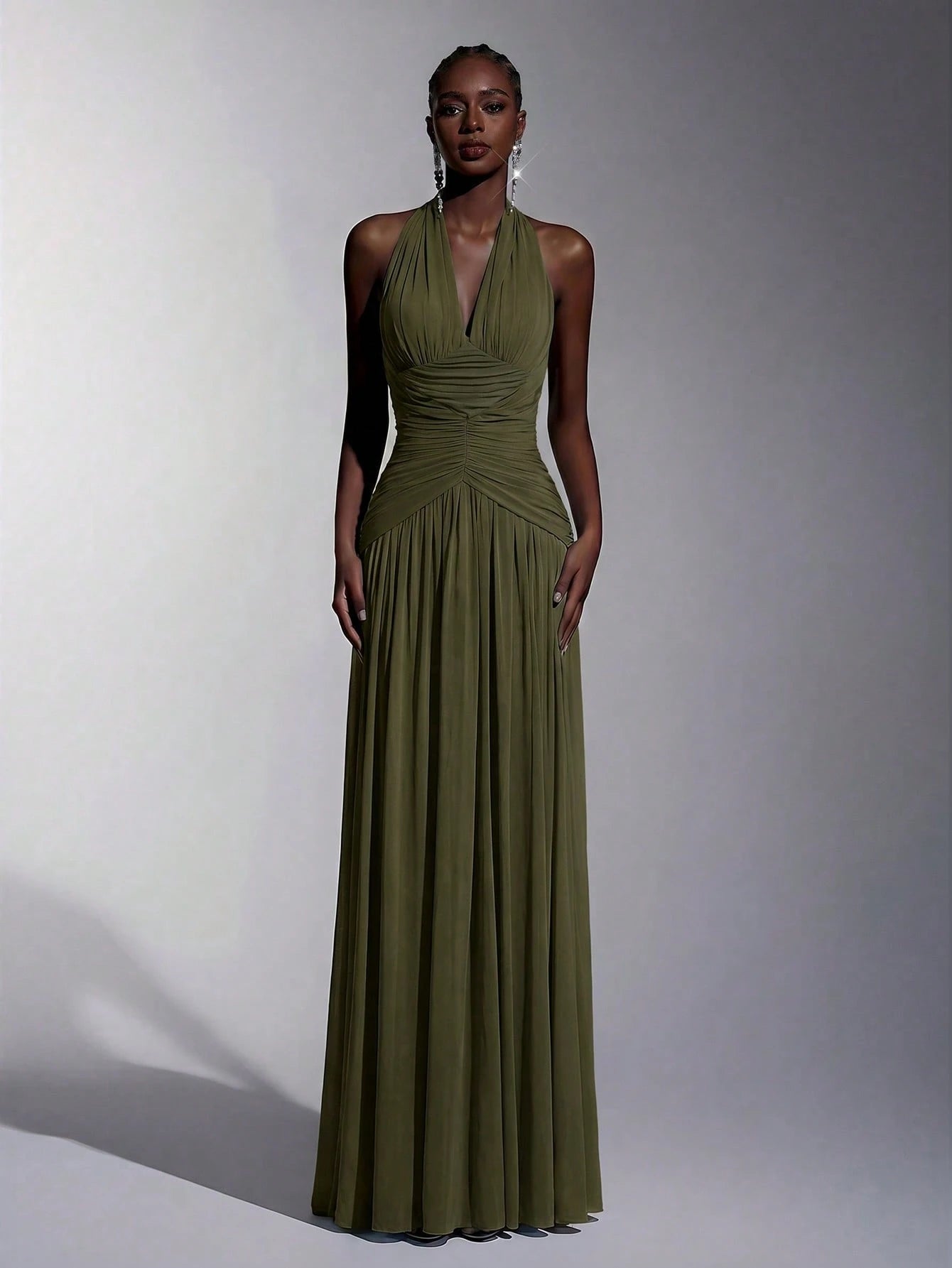 Elitara Elegant, , Fashionable Elastic Mesh Halter Neck Ruched Decor A-Line Dress, Party Wedding Guest Orange