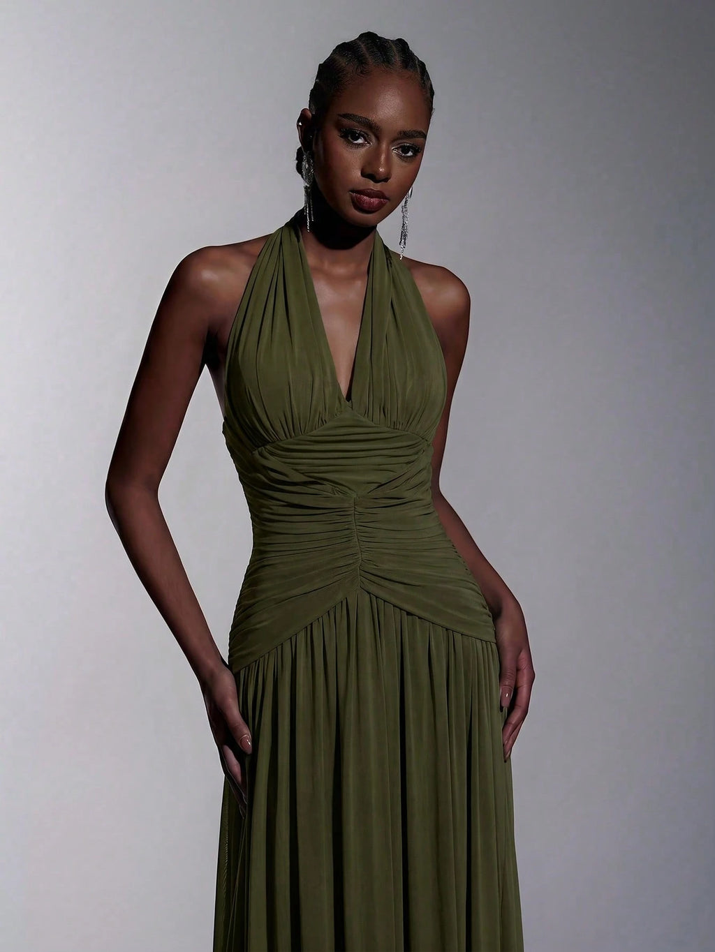 Elitara Elegant, , Fashionable Elastic Mesh Halter Neck Ruched Decor A-Line Dress, Party Wedding Guest Orange - image 3