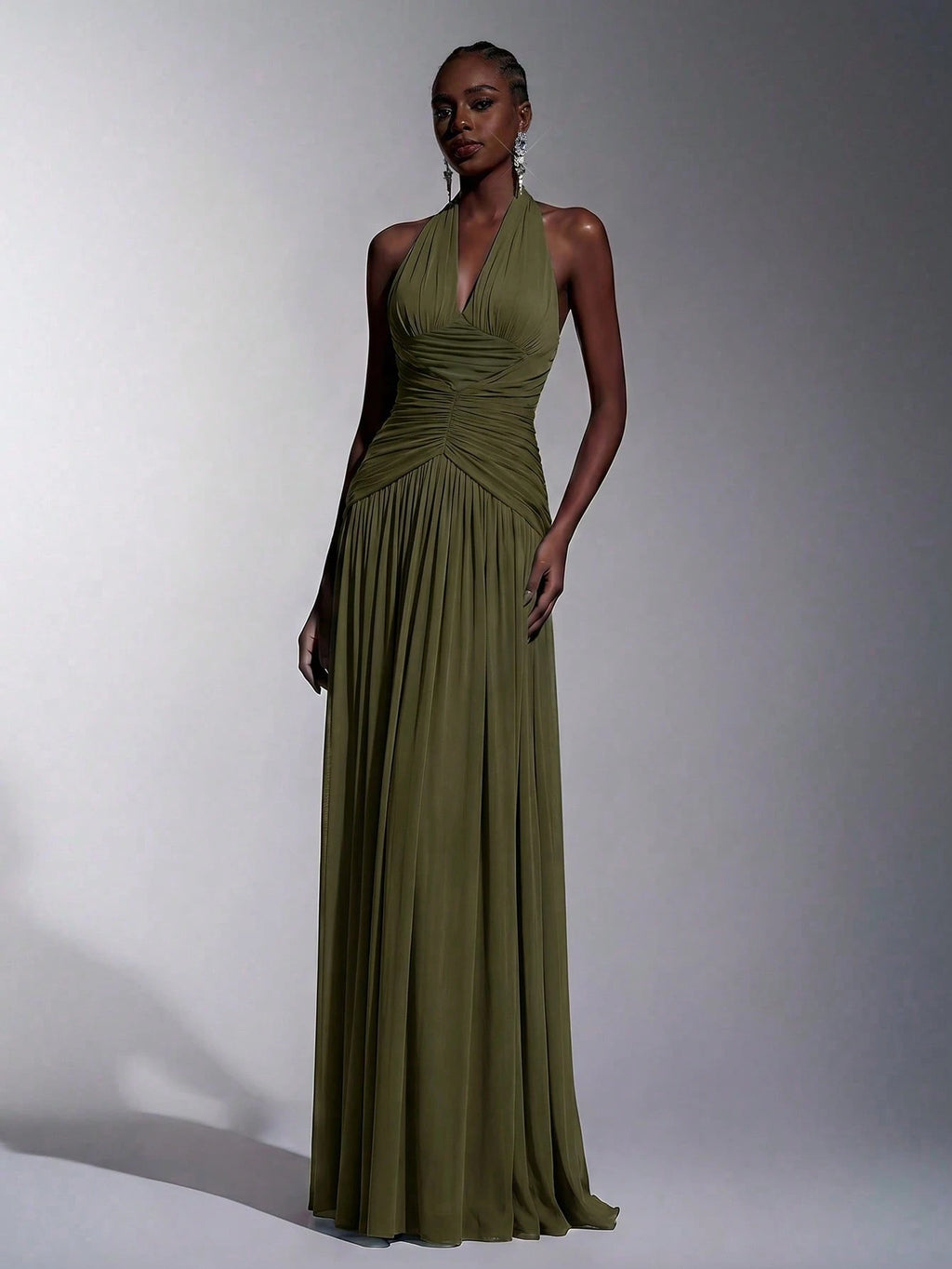 Elitara Elegant, , Fashionable Elastic Mesh Halter Neck Ruched Decor A-Line Dress, Party Wedding Guest Orange - image 5