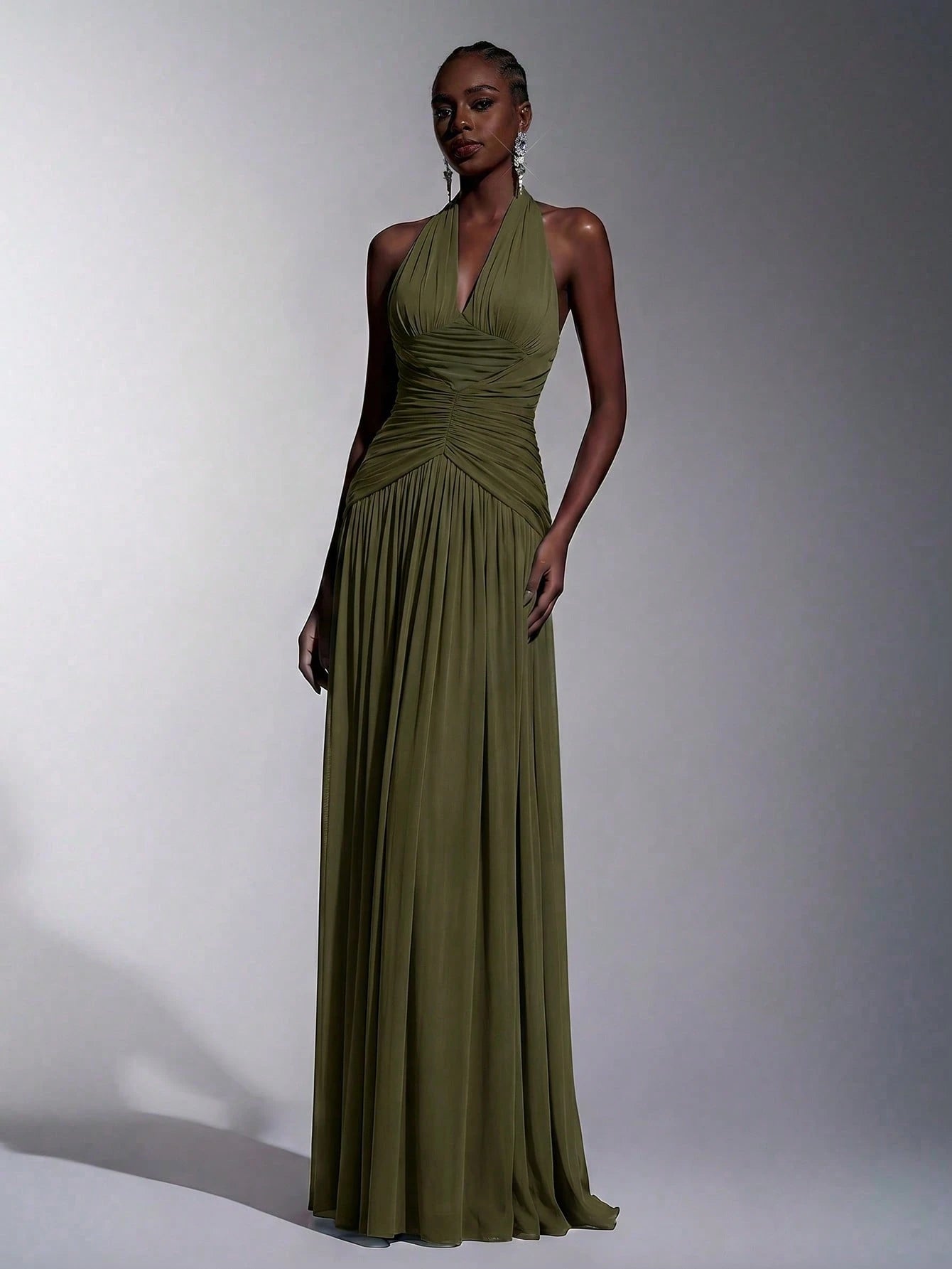 Elitara Elegant, , Fashionable Elastic Mesh Halter Neck Ruched Decor A-Line Dress, Party Wedding Guest Orange - image 5