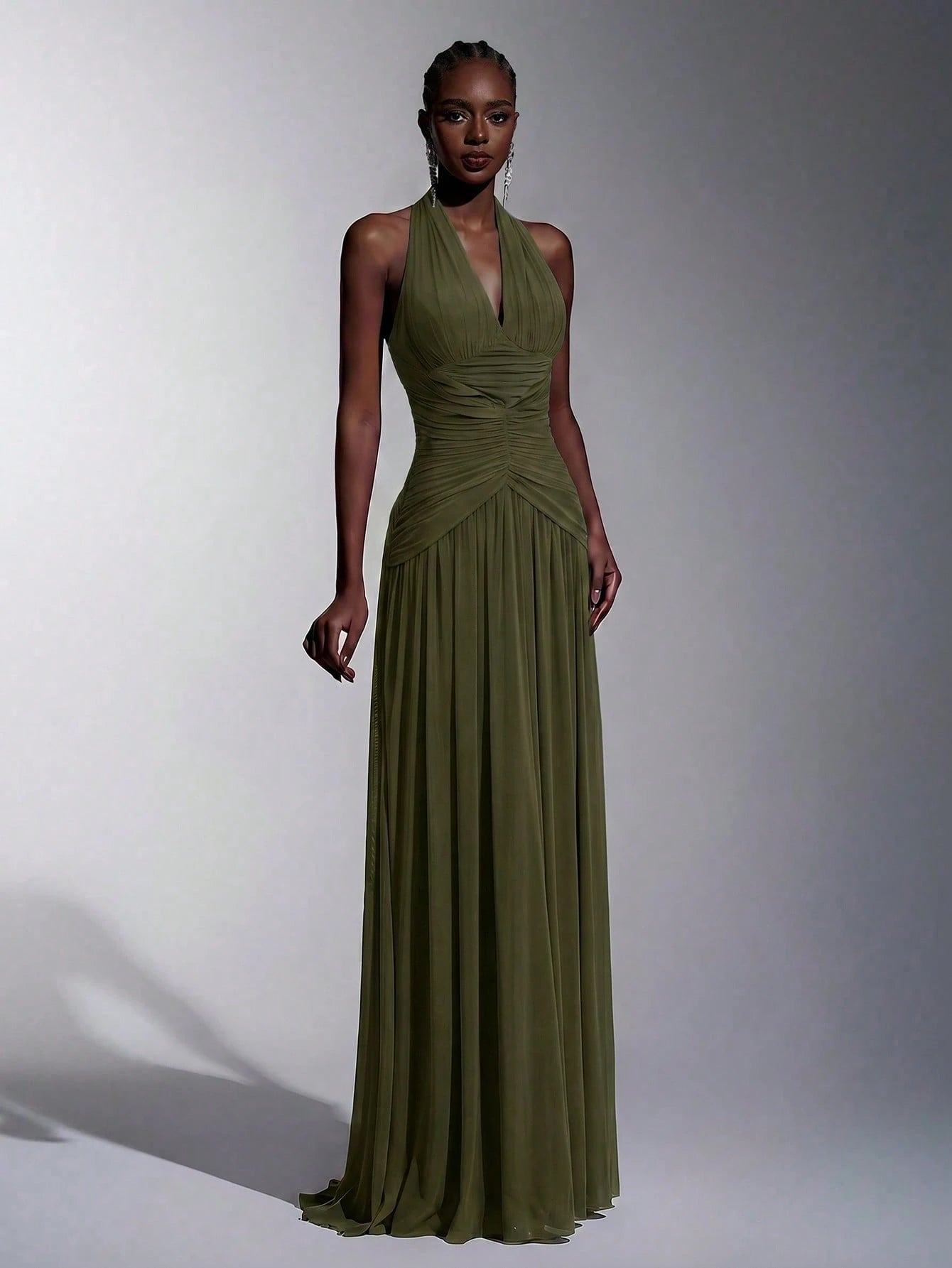 Elitara Elegant, , Fashionable Elastic Mesh Halter Neck Ruched Decor A-Line Dress, Party Wedding Guest Orange - image 7
