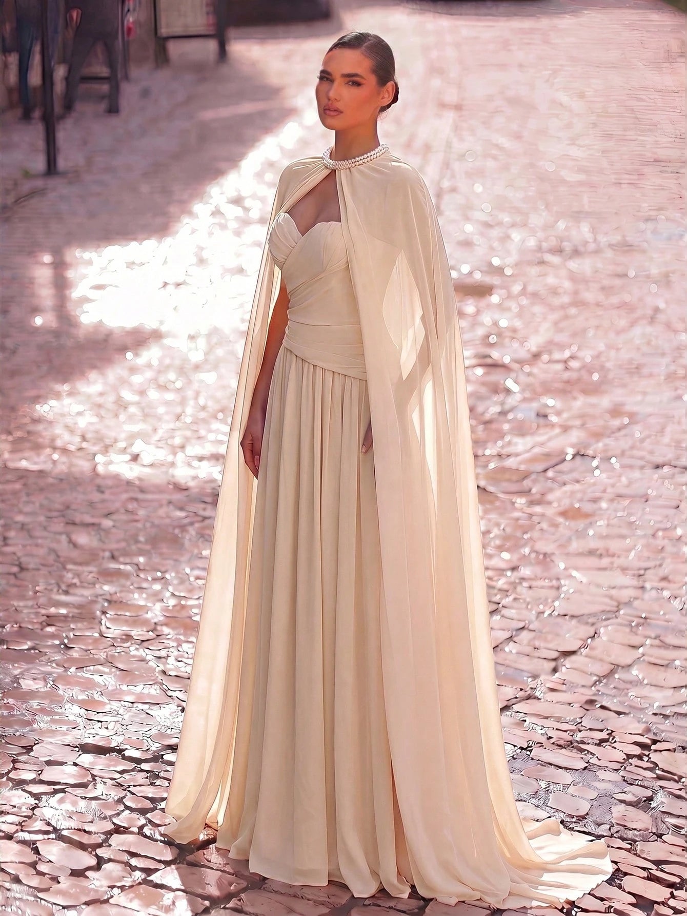 Aureia Elegant, , Fashionable Apricot Chiffon Halter Shawl Ruched Decor A-Line Dress, Party Wedding Guest And - image 11
