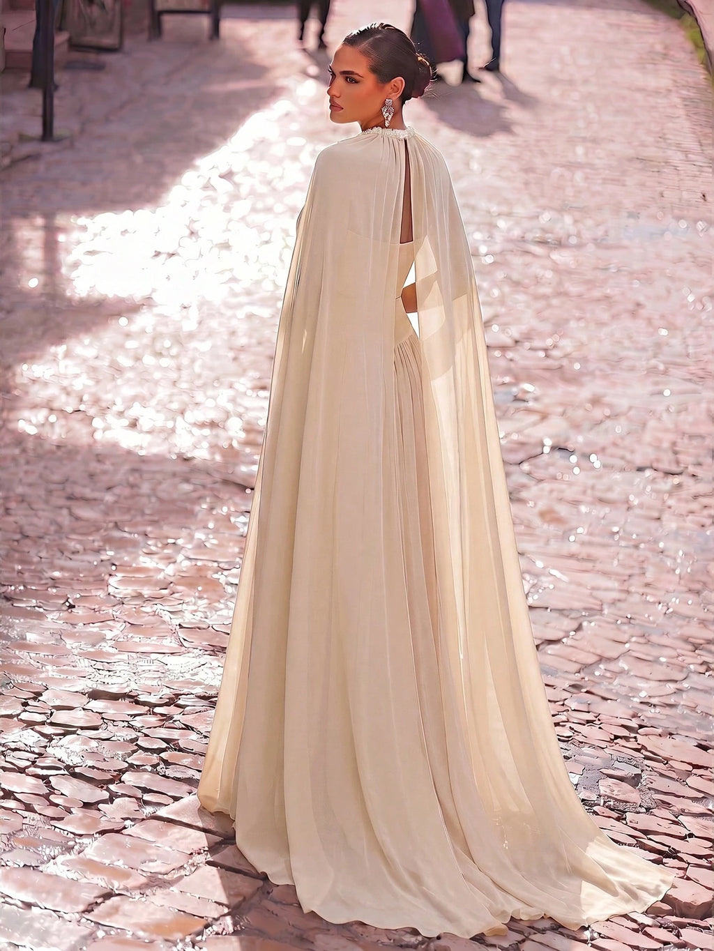 Aureia Elegant, , Fashionable Apricot Chiffon Halter Shawl Ruched Decor A-Line Dress, Party Wedding Guest And - image 12