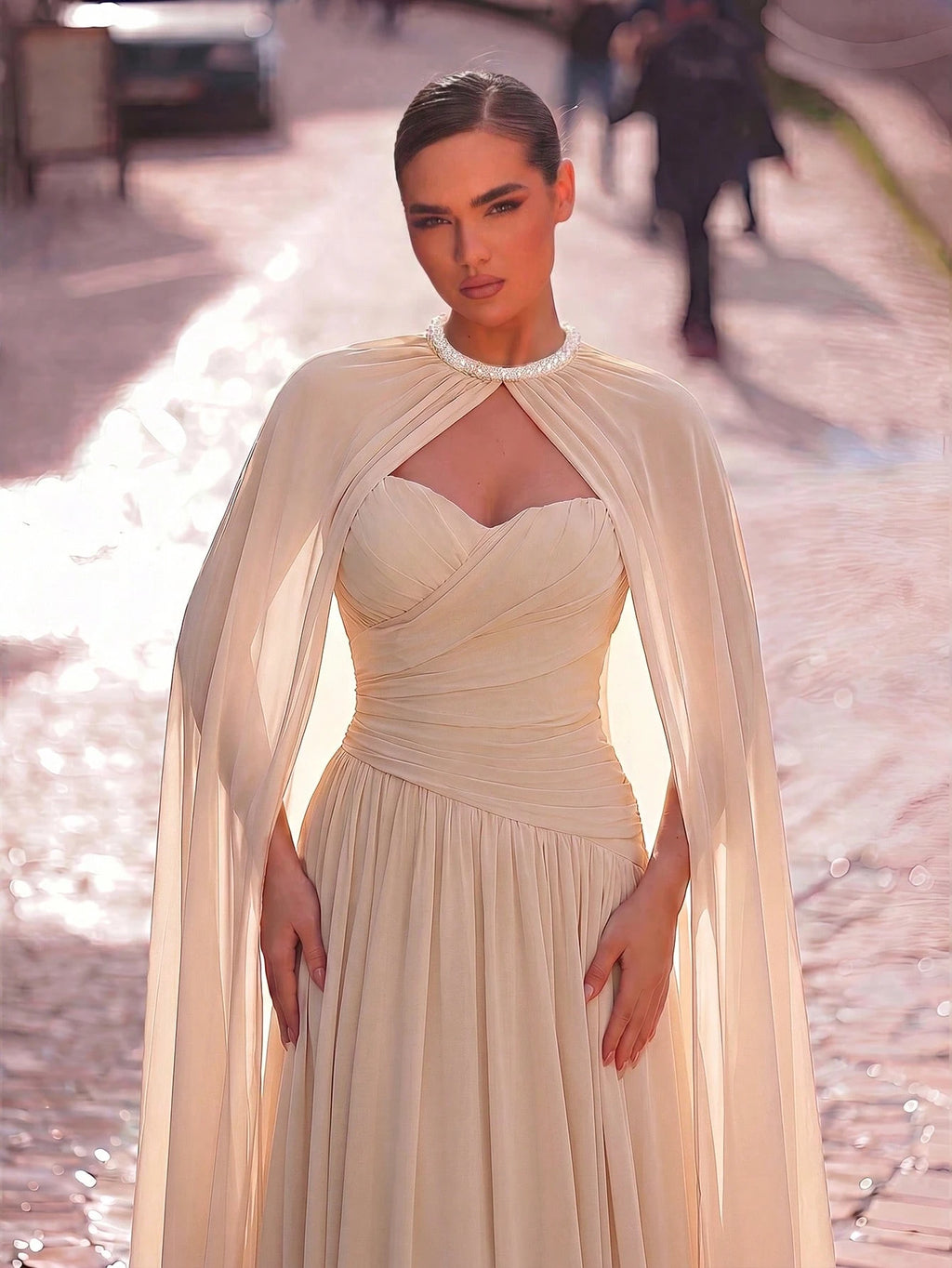 Aureia Elegant, , Fashionable Apricot Chiffon Halter Shawl Ruched Decor A-Line Dress, Party Wedding Guest And - image 13