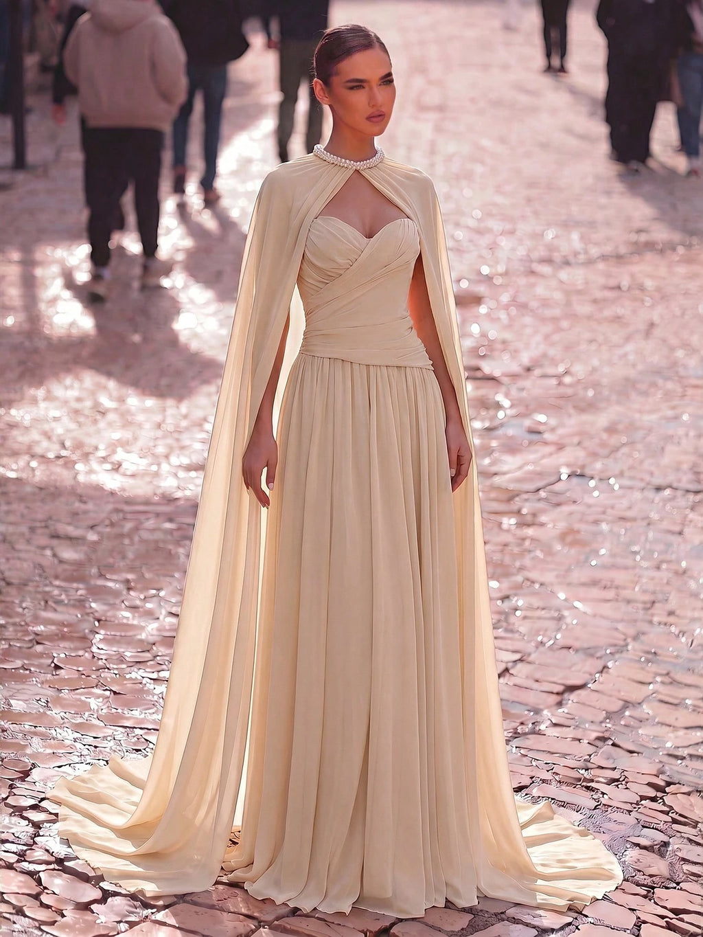 Aureia Elegant, , Fashionable Apricot Chiffon Halter Shawl Ruched Decor A-Line Dress, Party Wedding Guest And - image 14