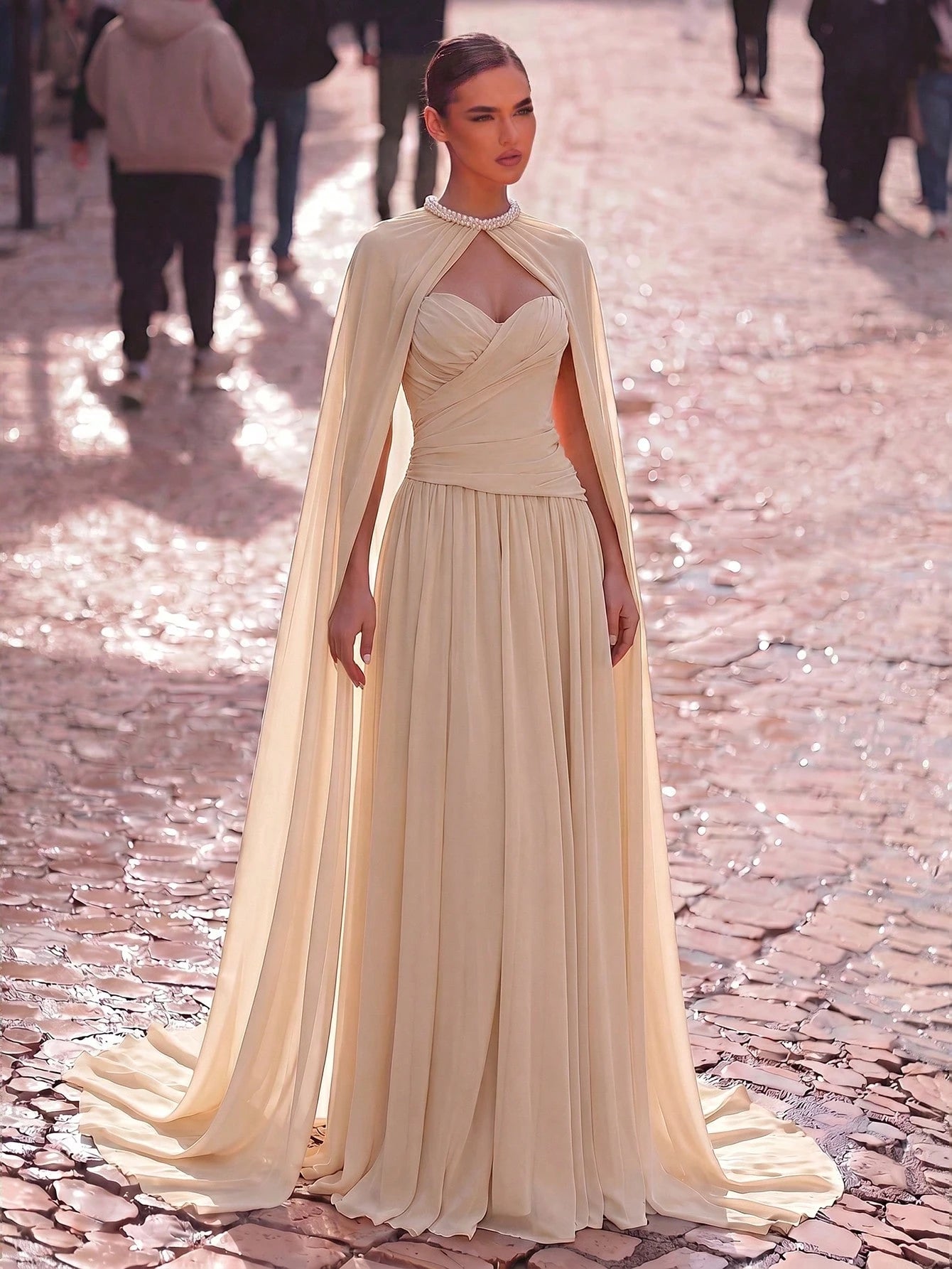 Aureia Elegant, , Fashionable Apricot Chiffon Halter Shawl Ruched Decor A-Line Dress, Party Wedding Guest And - image 14